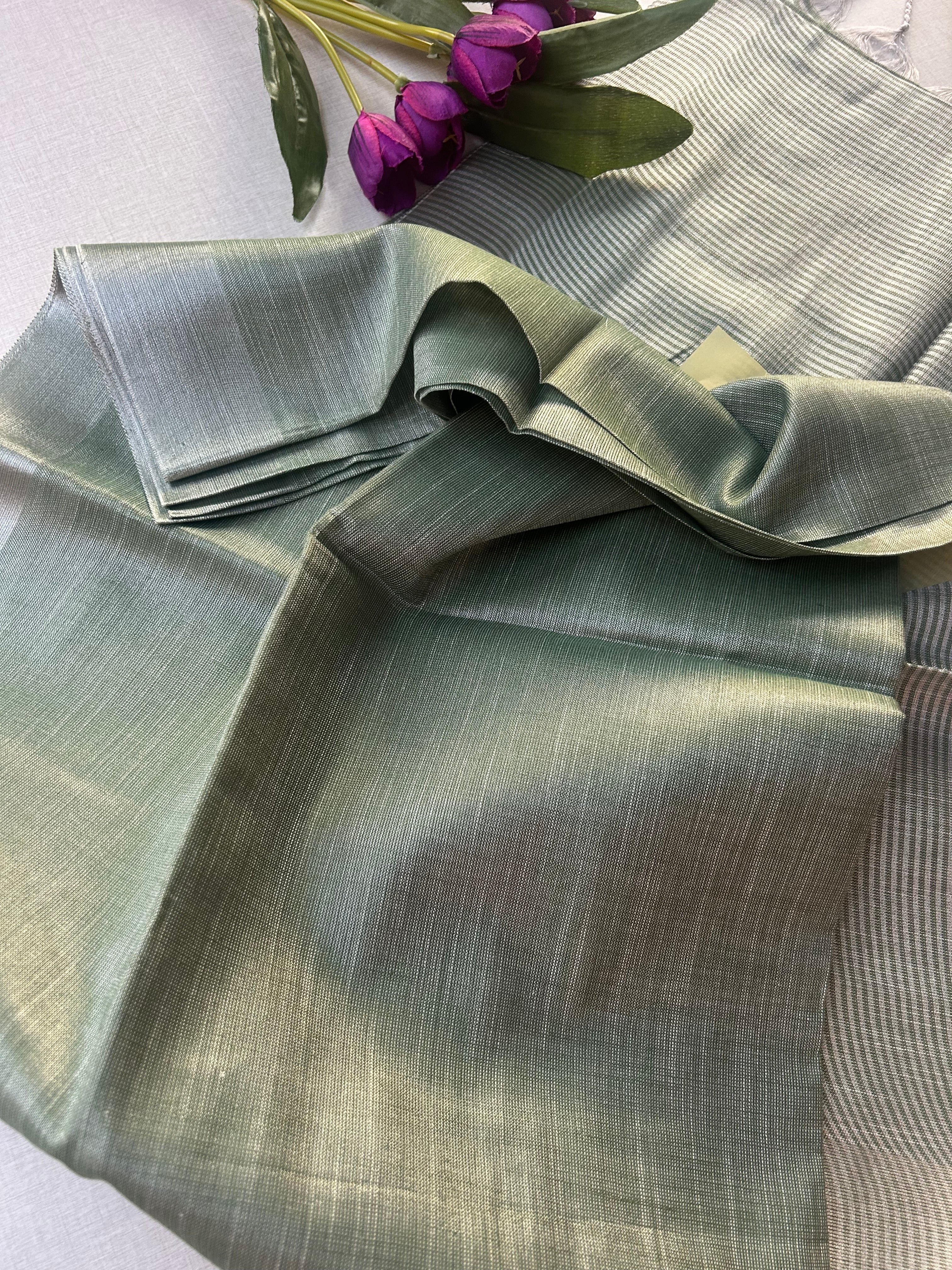 Sage Green Tissue Khadi Saree with Silver Zari Border | Shimmer Saree with Striped Pallu | Elegant Party Wear Cotton Silk Saree