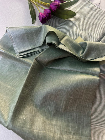 Sage Green Tissue Khadi Saree with Silver Zari Border | Shimmer Saree with Striped Pallu | Elegant Party Wear Cotton Silk Saree