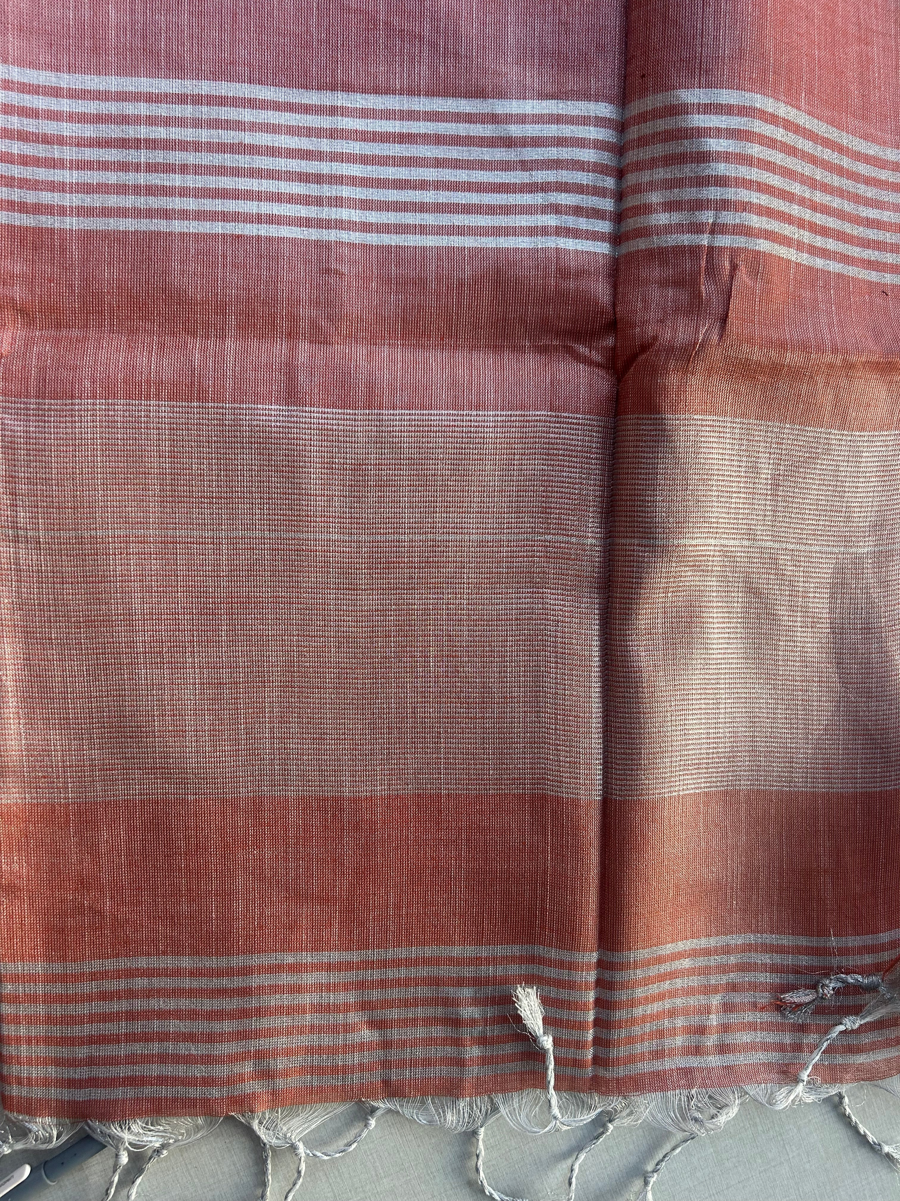 Rust Orange Khadi Cotton Saree with Silver Zari Border | Saree with Striped Pallu | Rust Copper Tone Everyday Saree