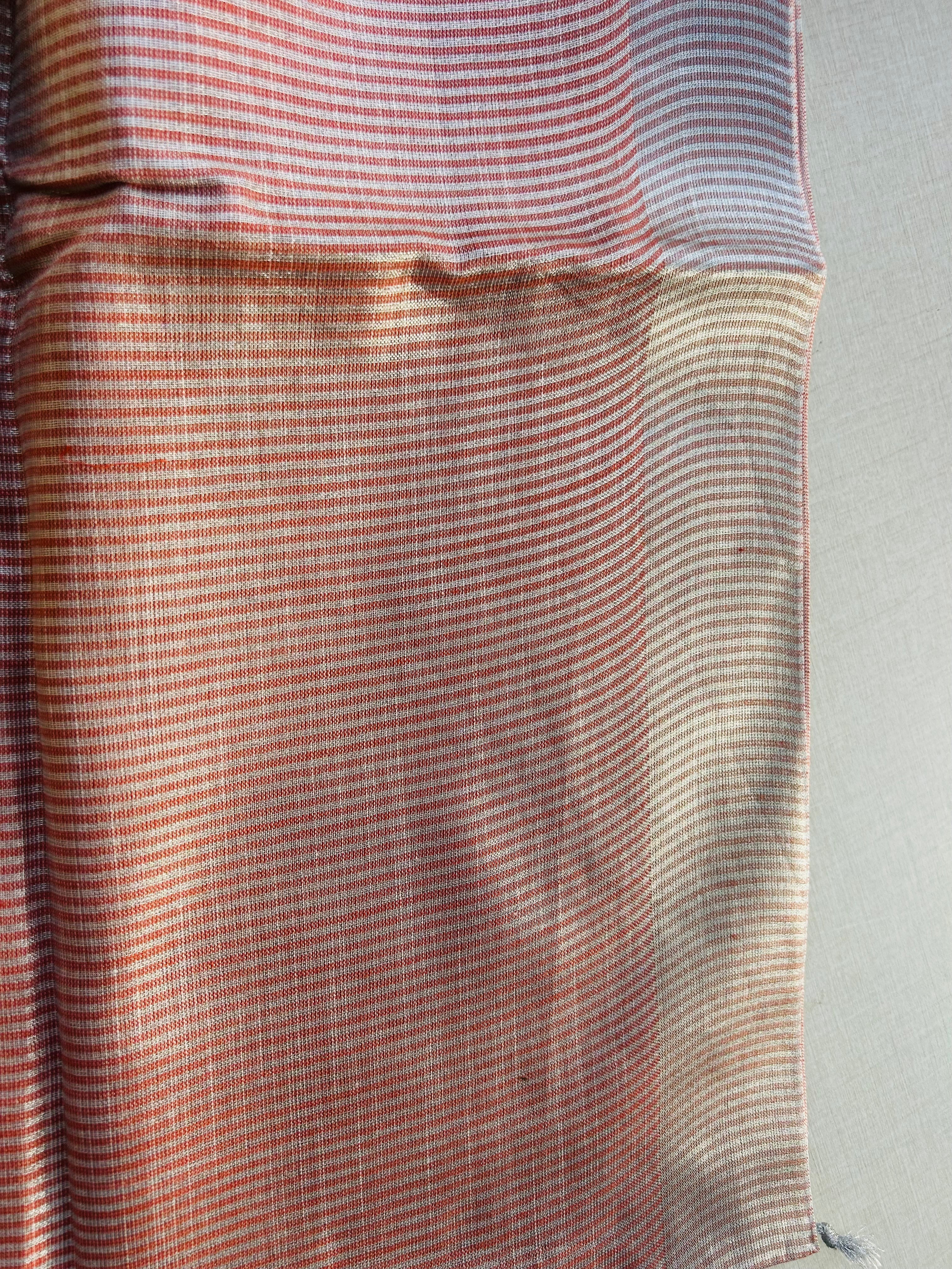 Rust Orange Khadi Cotton Saree with Silver Zari Border | Saree with Striped Pallu | Rust Copper Tone Everyday Saree