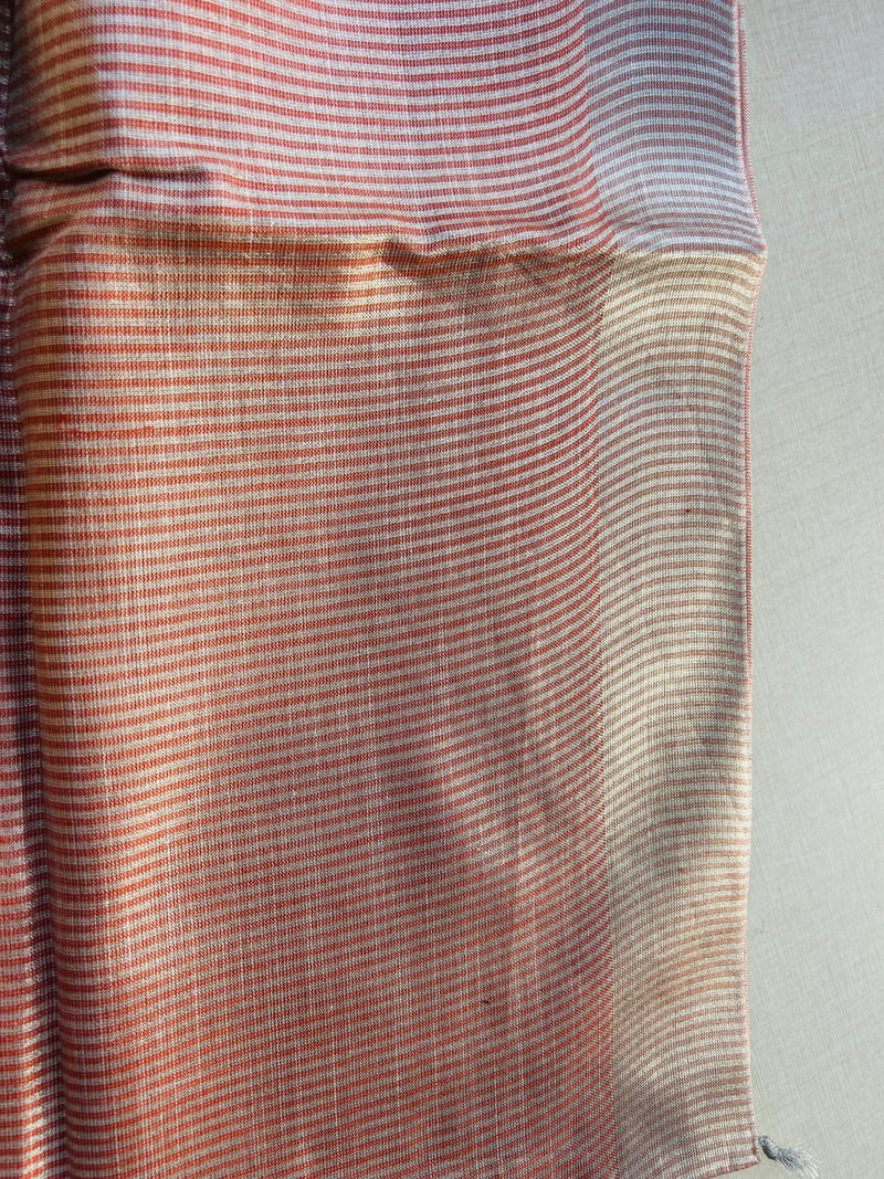 Rust Orange Khadi Cotton Saree with Silver Zari Border | Saree with Striped Pallu | Rust Copper Tone Everyday Saree