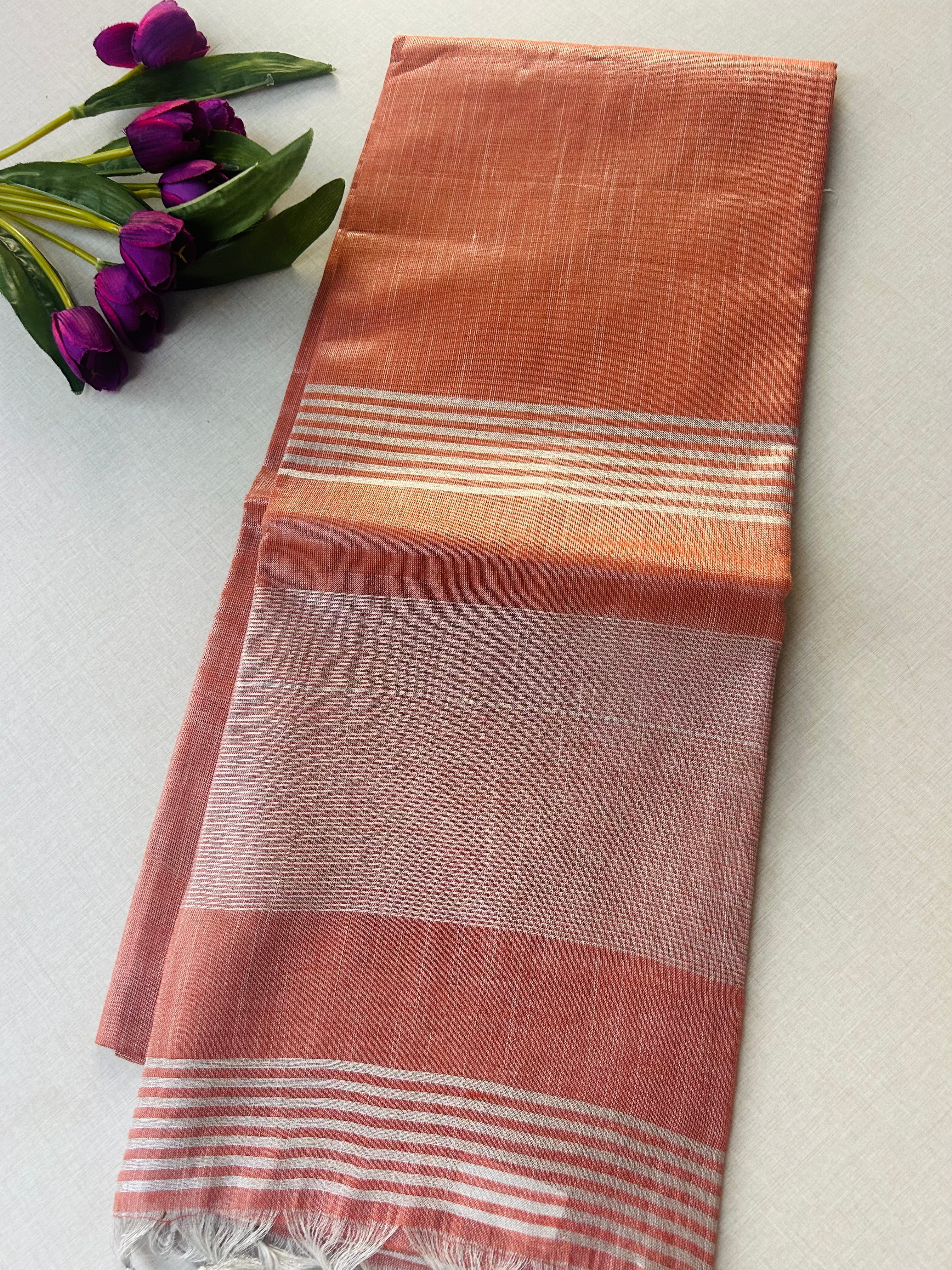 Rust Orange Khadi Cotton Saree with Silver Zari Border | Saree with Striped Pallu | Rust Copper Tone Everyday Saree