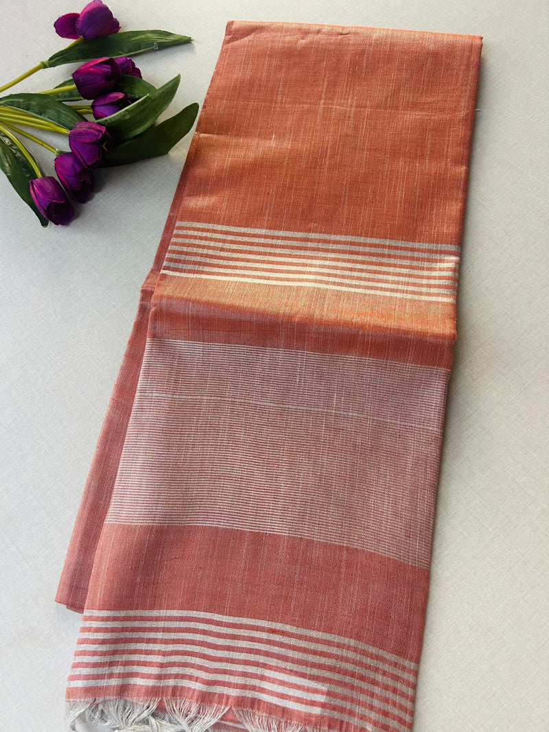 Rust Orange Khadi Cotton Saree with Silver Zari Border | Saree with Striped Pallu | Rust Copper Tone Everyday Saree