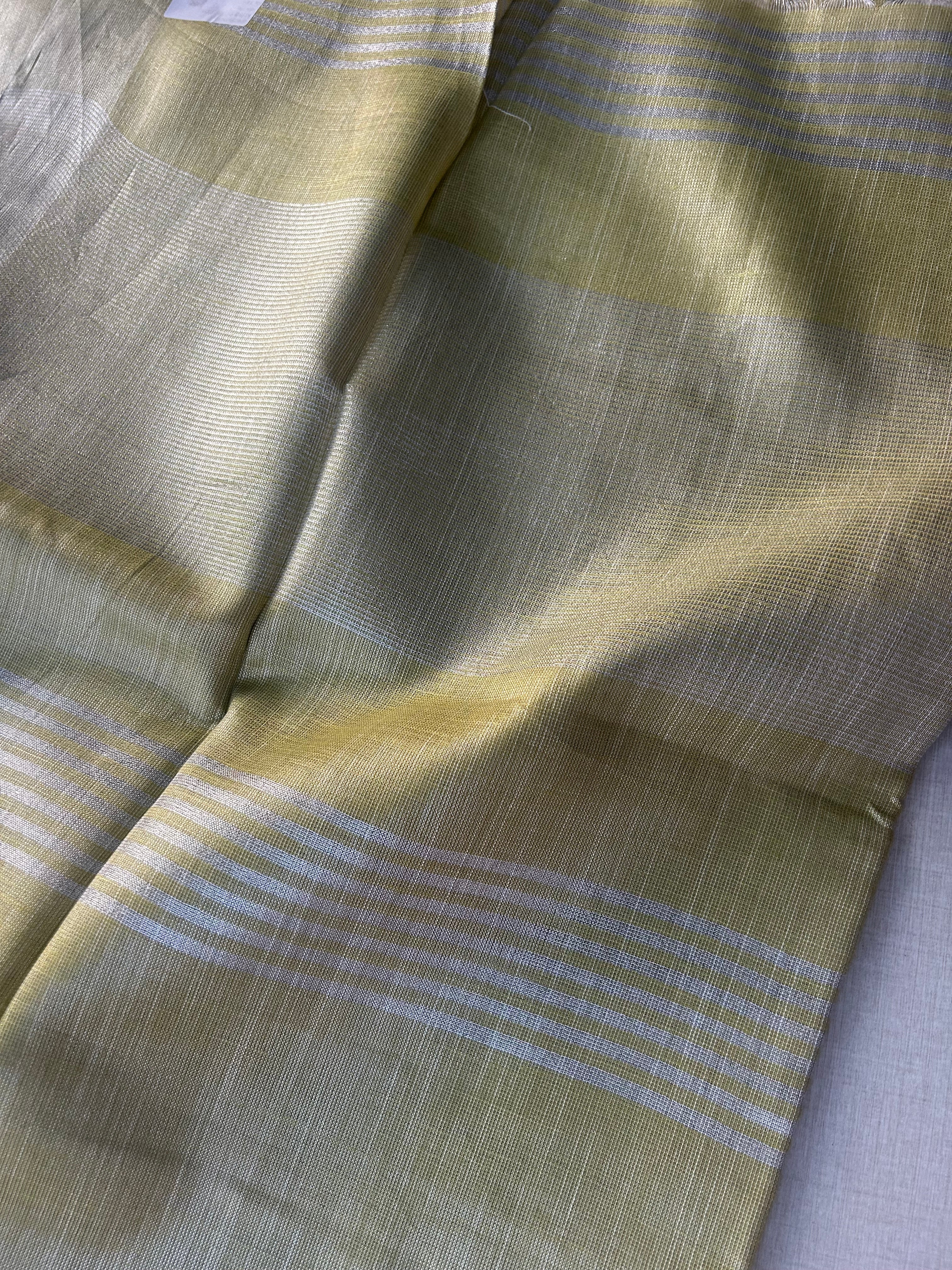 Lime Green Khadi Cotton Saree with Silver Zari Border | Saree with Striped Pallu | Pastel Green Everyday Saree