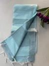Sky Blue Khadi Cotton Saree with Striped Border | Handloom Pastel Blue Saree with Shimmer Zari Edge | Office Wear Cotton Saree