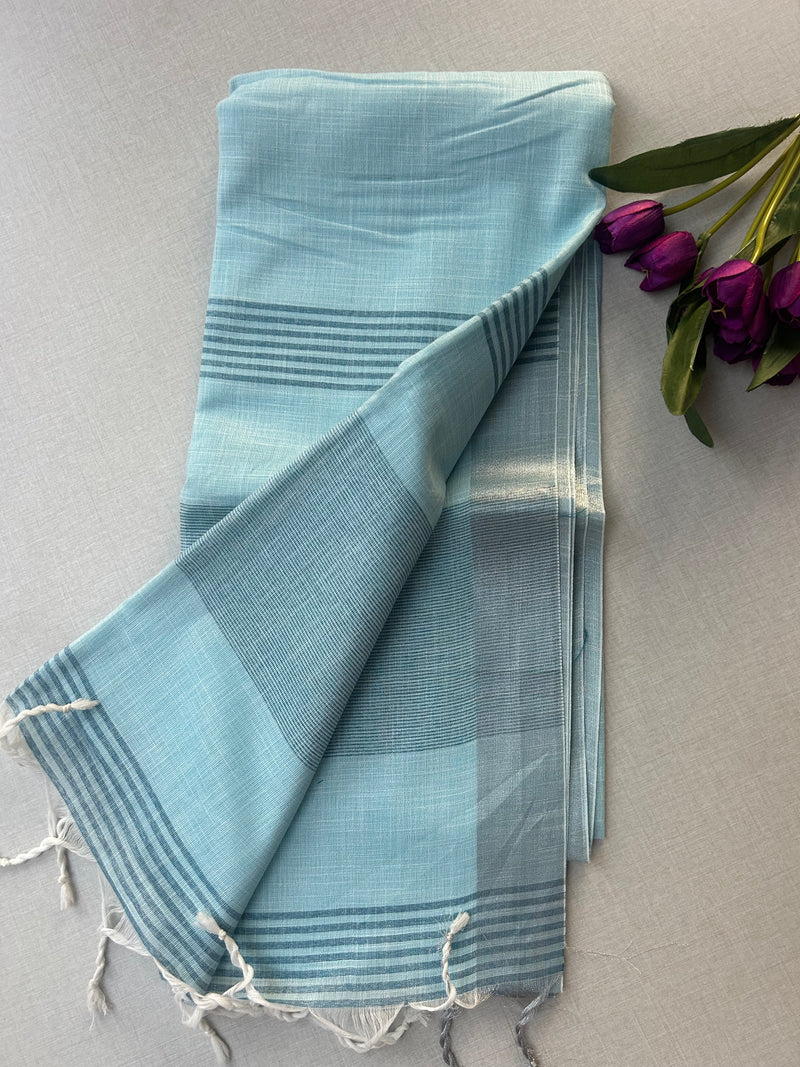 Sky Blue Khadi Cotton Saree with Striped Border | Handloom Pastel Blue Saree with Shimmer Zari Edge | Office Wear Cotton Saree