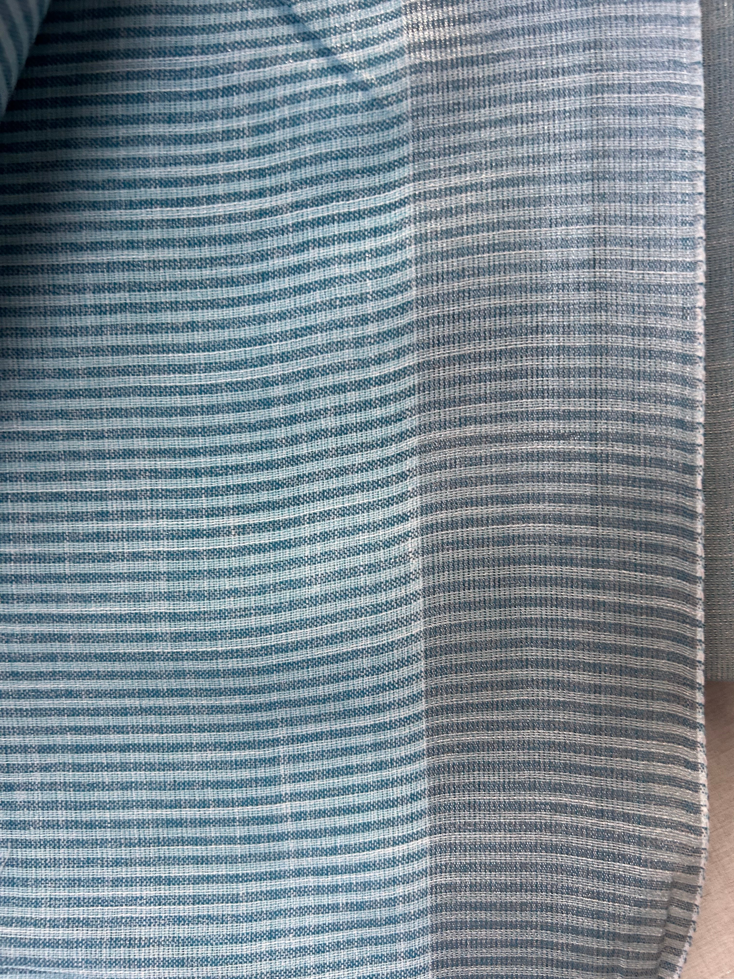 Sky Blue Khadi Cotton Saree with Striped Border | Handloom Pastel Blue Saree with Shimmer Zari Edge | Office Wear Cotton Saree