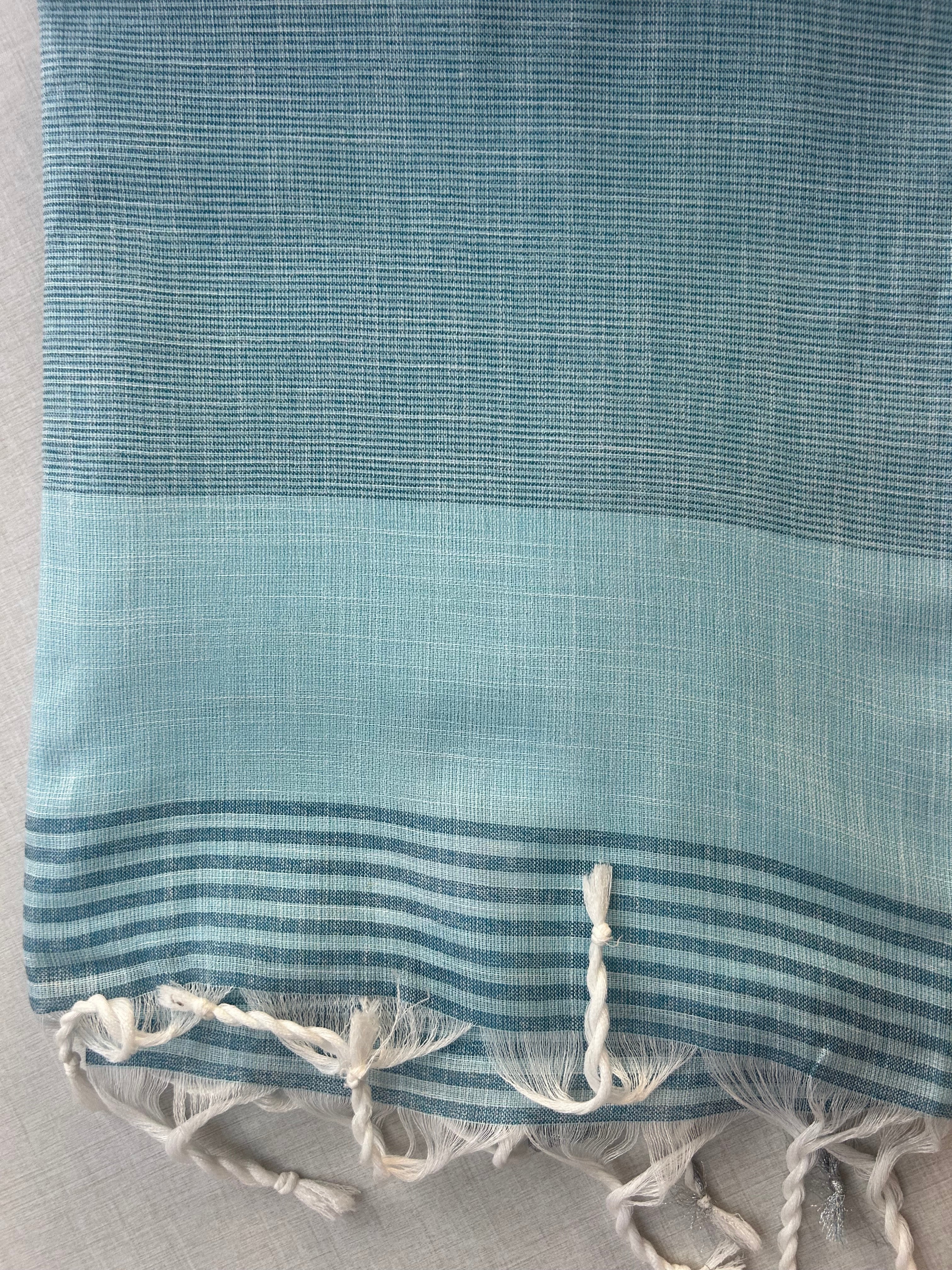 Sky Blue Khadi Cotton Saree with Striped Border | Handloom Pastel Blue Saree with Shimmer Zari Edge | Office Wear Cotton Saree