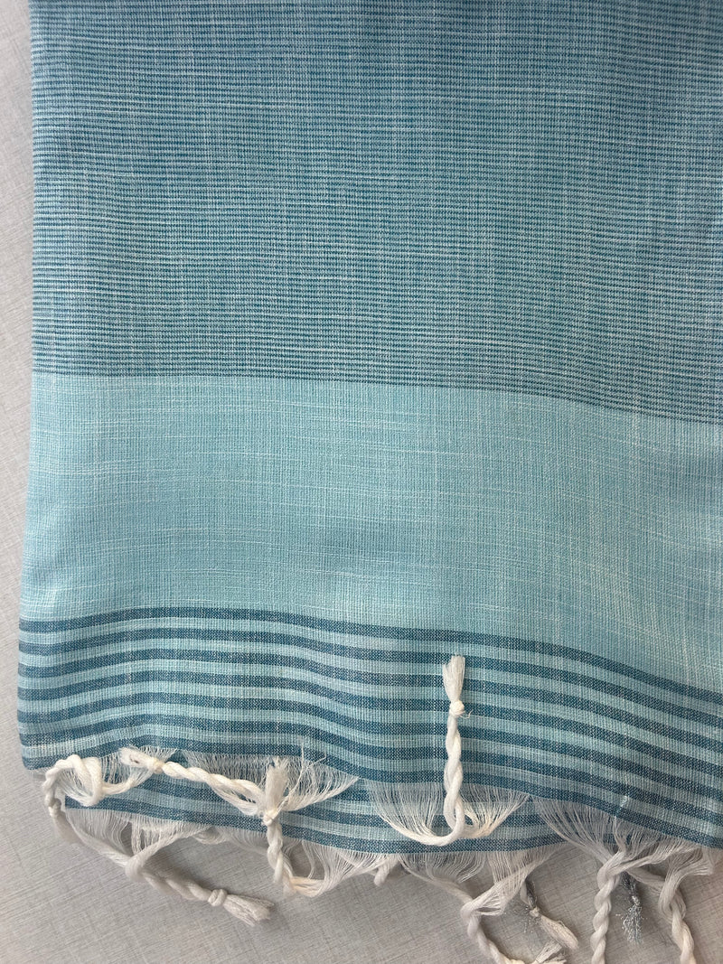 Sky Blue Khadi Cotton Saree with Striped Border | Handloom Pastel Blue Saree with Shimmer Zari Edge | Office Wear Cotton Saree