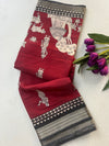 Maroon Mulmul Silk Saree with Warli Print | Tribal Village Motif Saree | Ethnic Rustic Art Saree with Black Zari Border