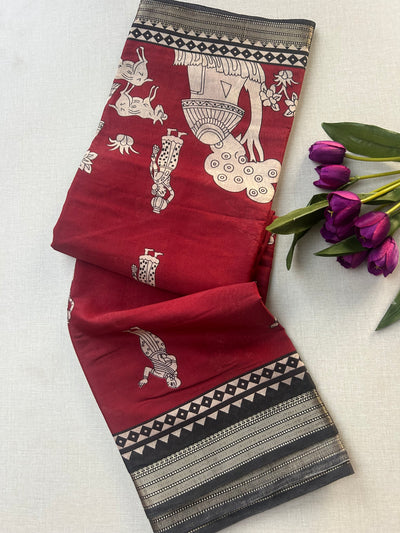 Maroon Mulmul Silk Saree with Warli Print | Tribal Village Motif Saree | Ethnic Rustic Art Saree with Black Zari Border
