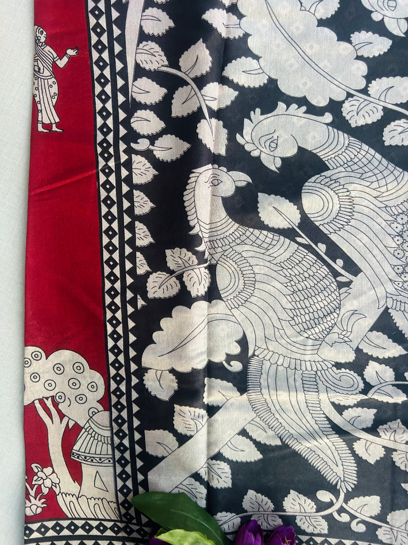 Maroon Mulmul Silk Saree with Warli Print | Tribal Village Motif Saree | Ethnic Rustic Art Saree with Black Zari Border