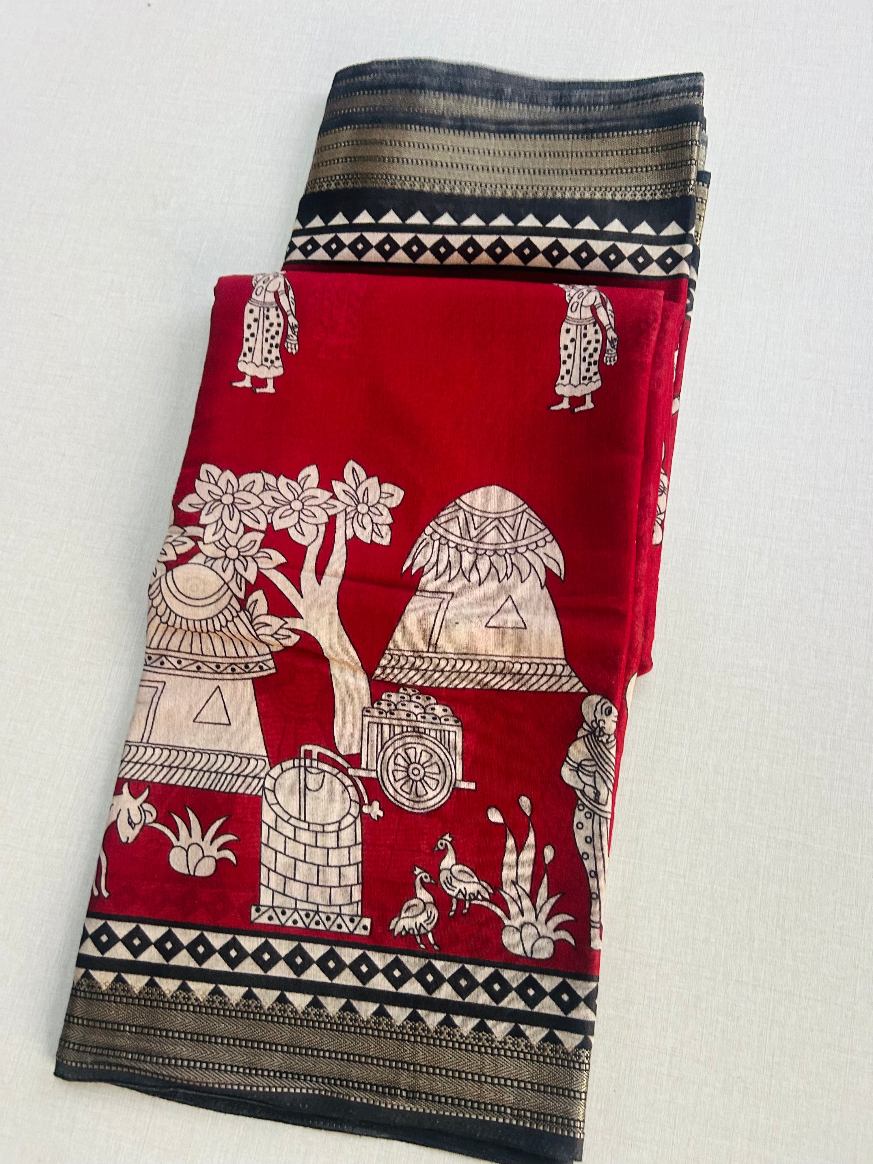 Maroon Mulmul Silk Saree with Warli Print | Tribal Village Motif Saree | Ethnic Rustic Art Saree with Black Zari Border