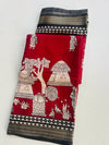Maroon Mulmul Silk Saree with Warli Print | Tribal Village Motif Saree | Ethnic Rustic Art Saree with Black Zari Border