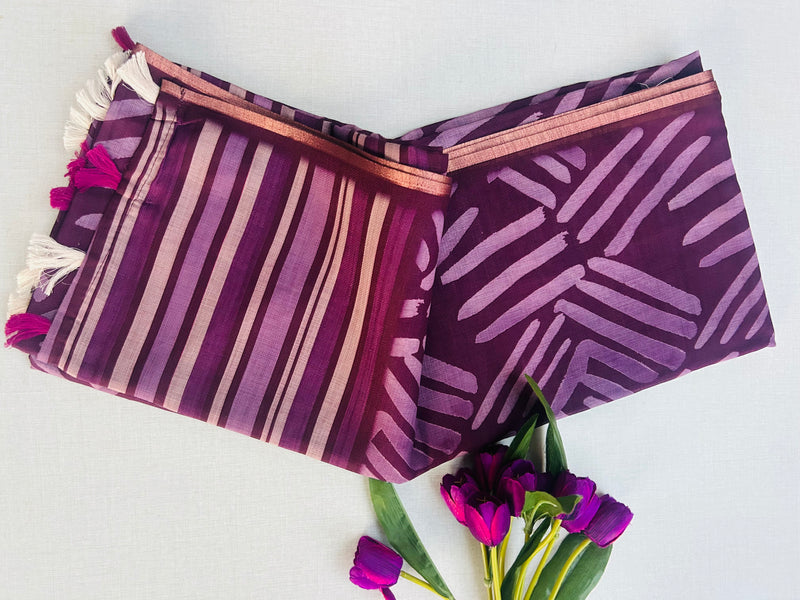 Purple Batik Print Linen Saree with Geometric Design | Handloom Linen Saree with Golden Zari Border | Abstract Tribal Print Saree