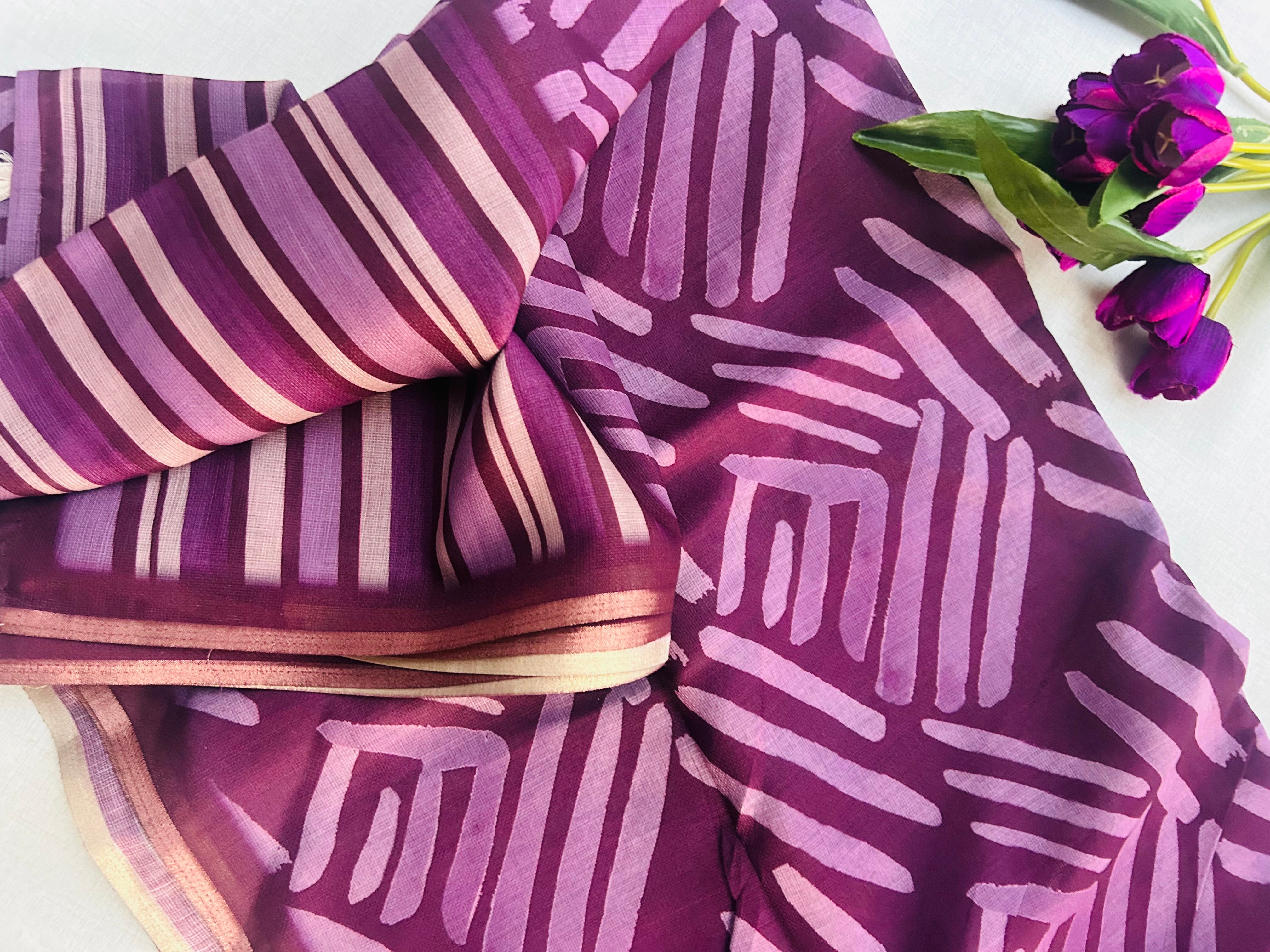 Purple Batik Print Linen Saree with Geometric Design | Handloom Linen Saree with Golden Zari Border | Abstract Tribal Print Saree
