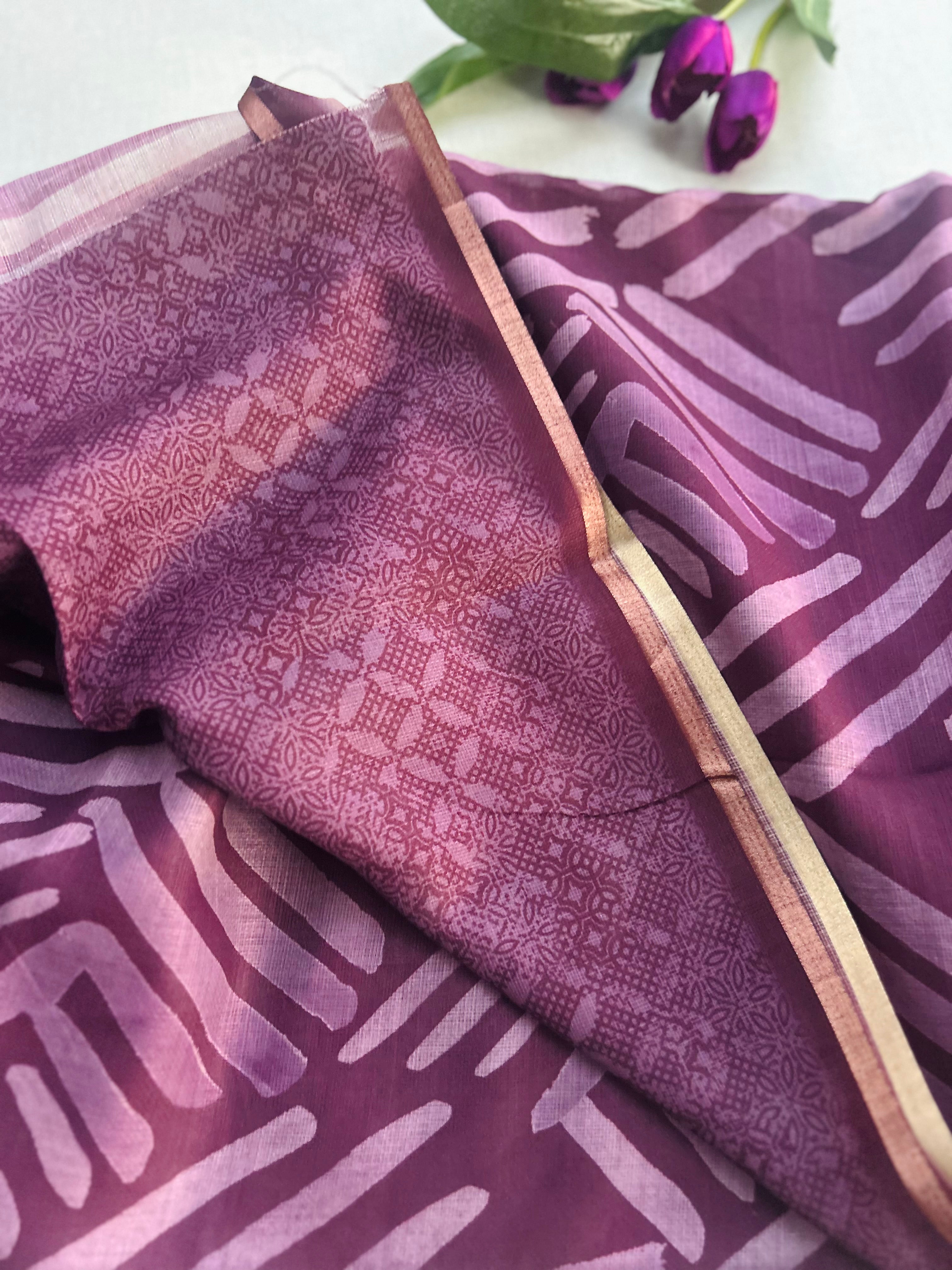 Purple Batik Print Linen Saree with Geometric Design | Handloom Linen Saree with Golden Zari Border | Abstract Tribal Print Saree