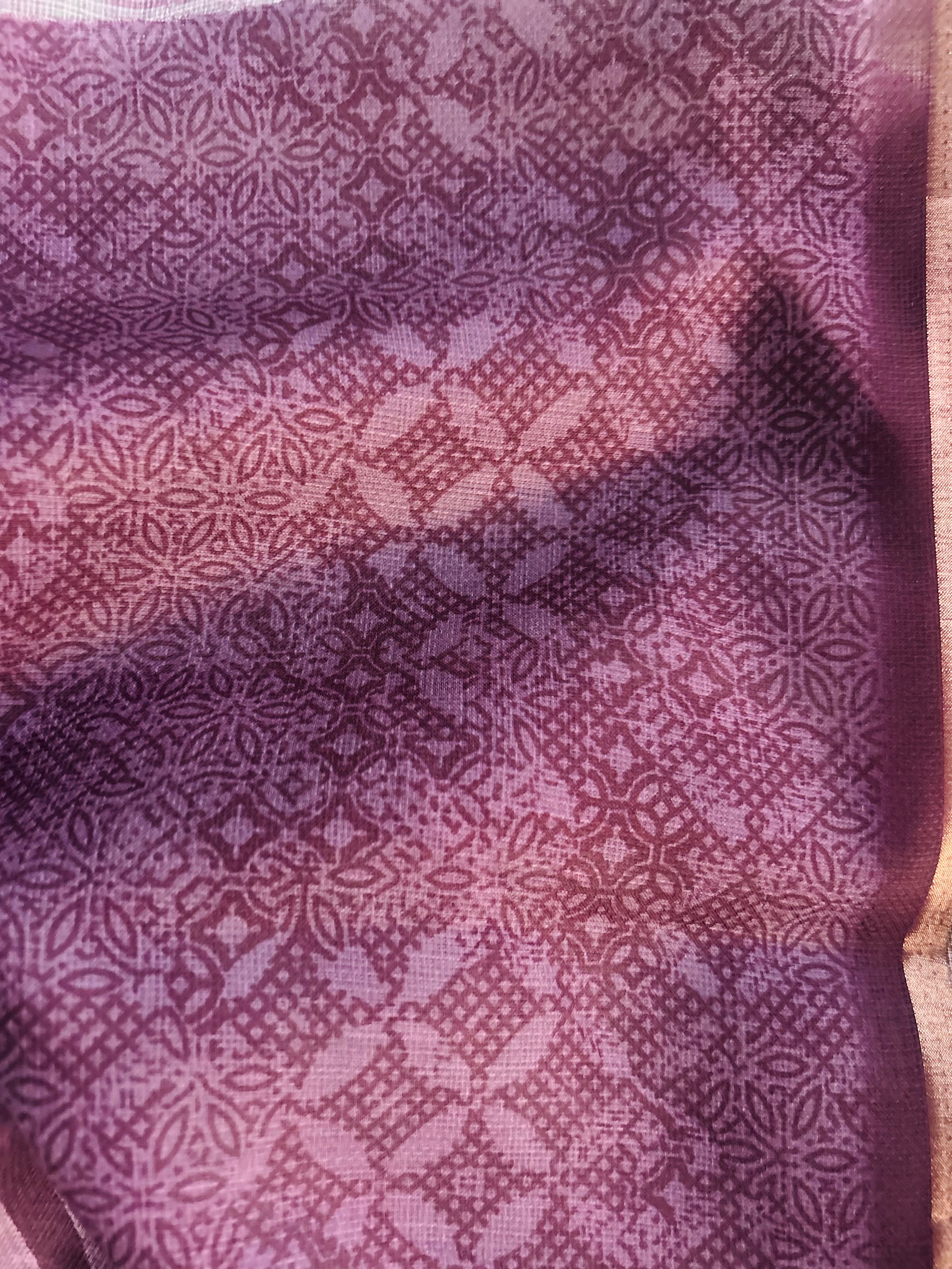 Purple Batik Print Linen Saree with Geometric Design | Handloom Linen Saree with Golden Zari Border | Abstract Tribal Print Saree