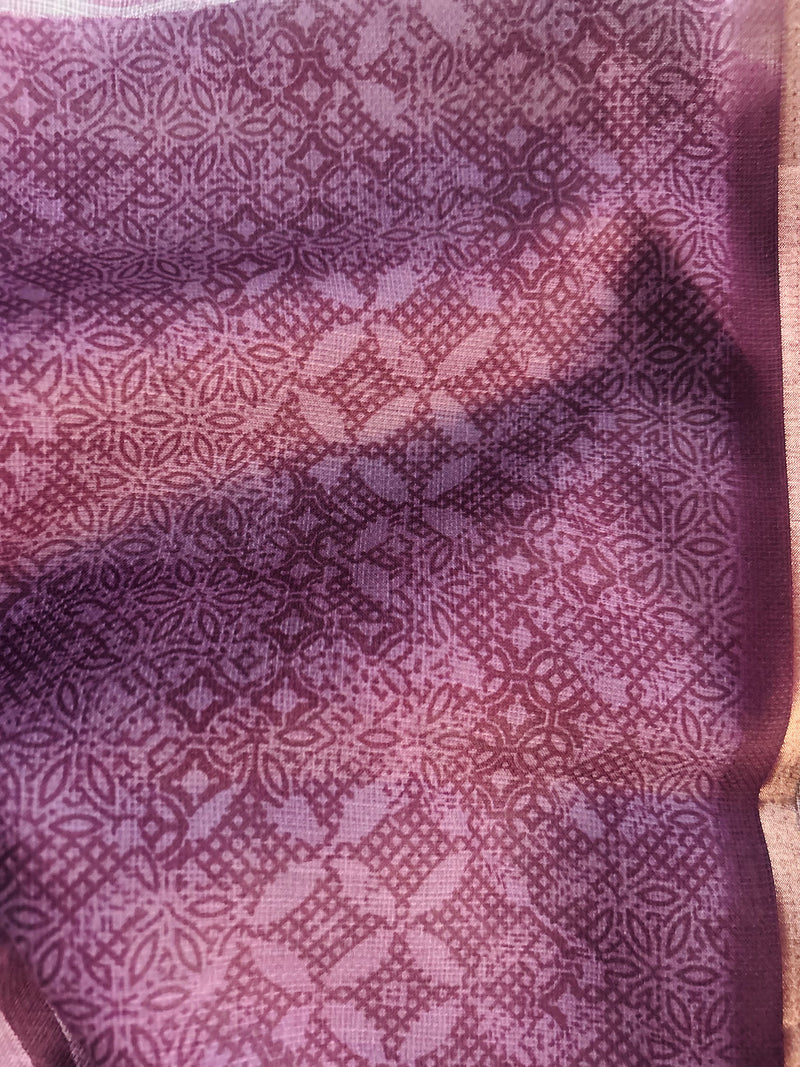 Purple Batik Print Linen Saree with Geometric Design | Handloom Linen Saree with Golden Zari Border | Abstract Tribal Print Saree