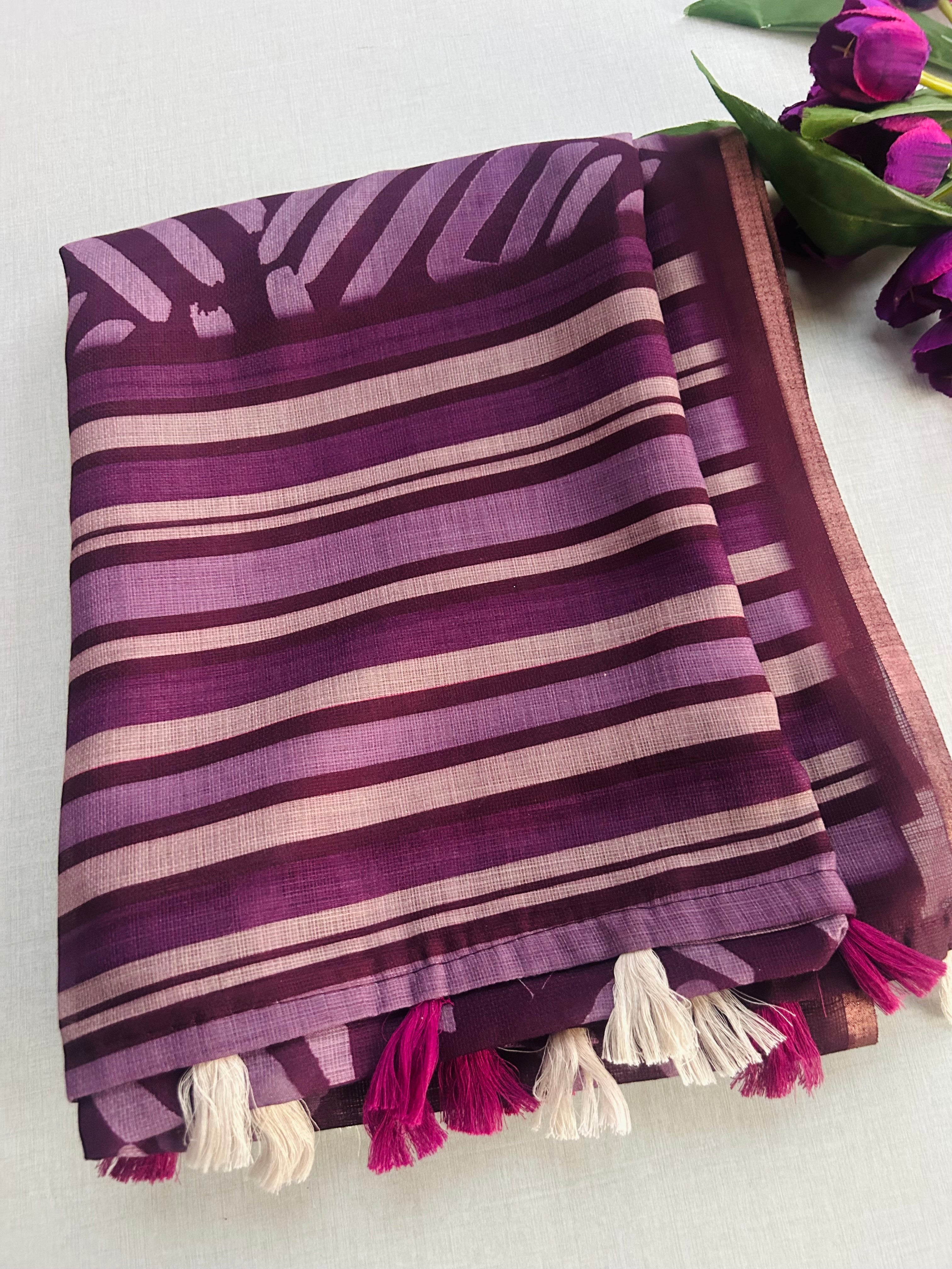 Purple Batik Print Linen Saree with Geometric Design | Handloom Linen Saree with Golden Zari Border | Abstract Tribal Print Saree
