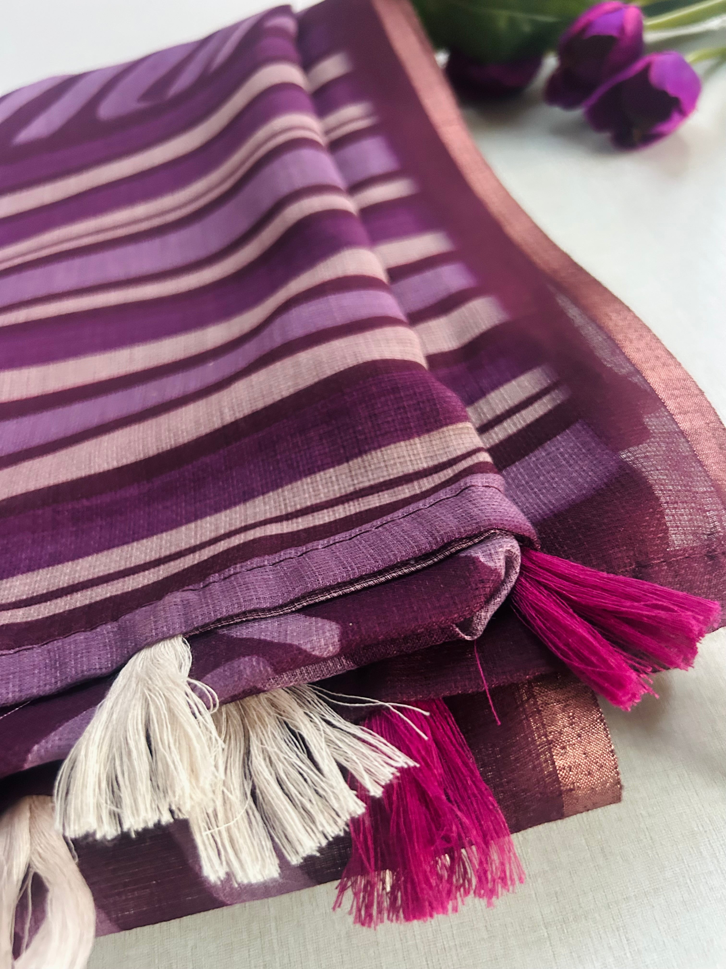 Purple Batik Print Linen Saree with Geometric Design | Handloom Linen Saree with Golden Zari Border | Abstract Tribal Print Saree