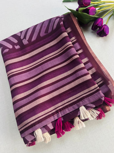 Purple Batik Print Linen Saree with Geometric Design | Handloom Linen Saree with Golden Zari Border | Abstract Tribal Print Saree