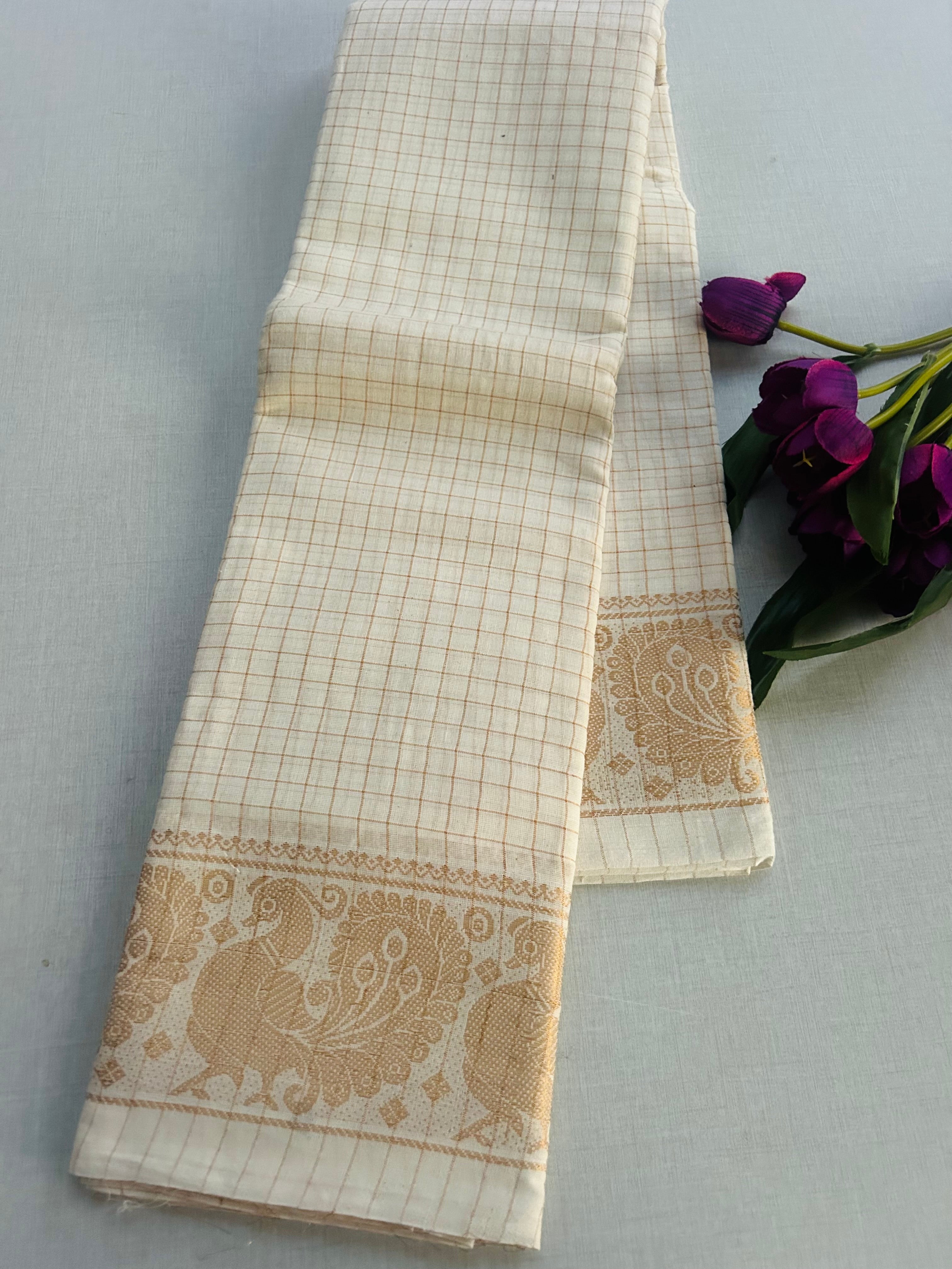 Cream Sungudi Cotton Saree with Gold Peacock Border | Kerala Kasavu Style Checked Saree with Contrast Blouse | Traditional Onam Saree