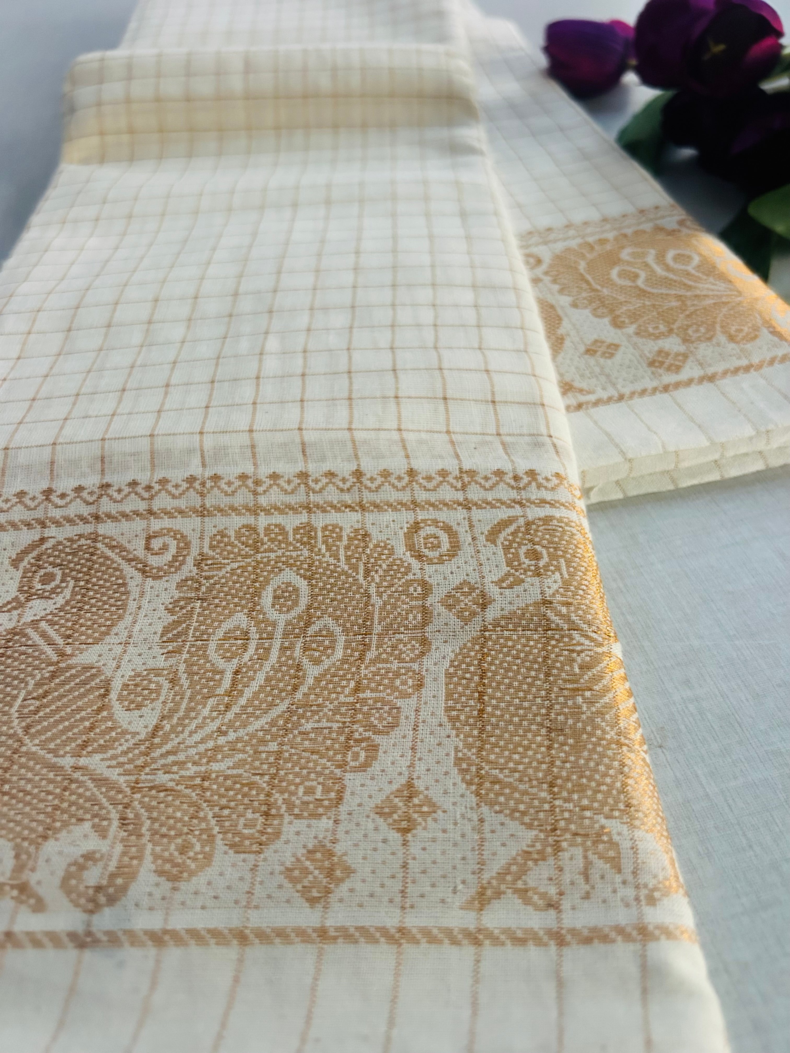 Cream Sungudi Cotton Saree with Gold Peacock Border | Kerala Kasavu Style Checked Saree with Contrast Blouse | Traditional Onam Saree