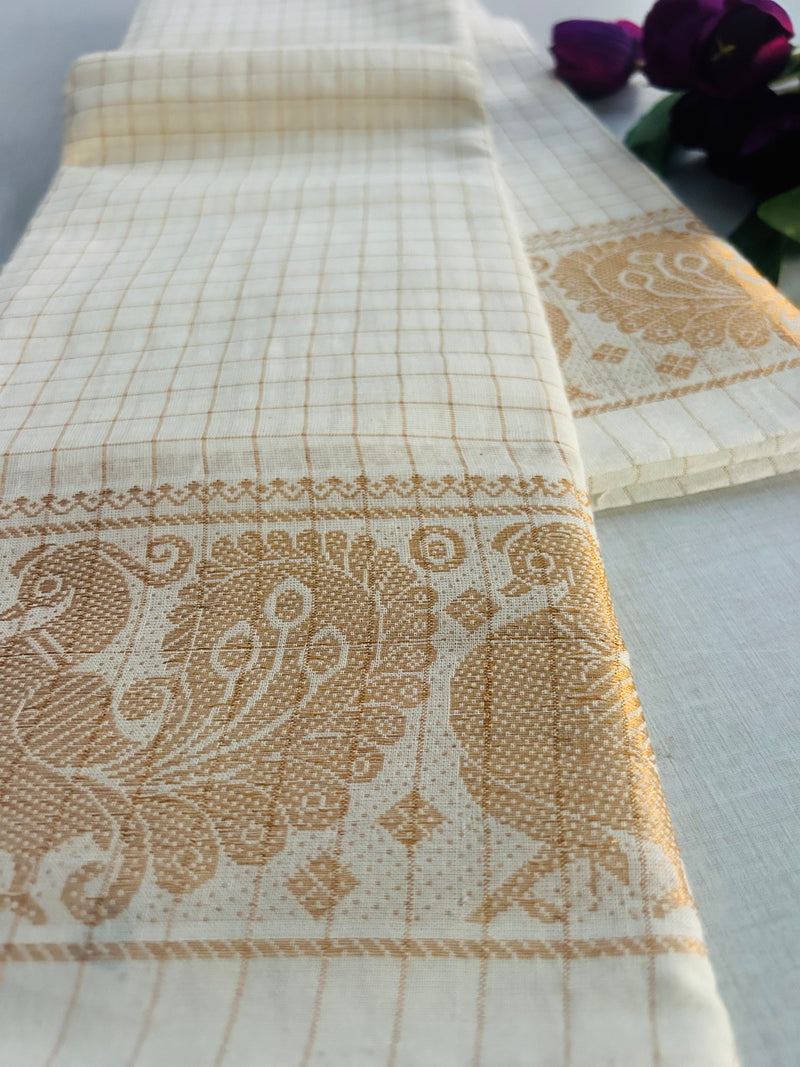 Cream Sungudi Cotton Saree with Gold Peacock Border | Kerala Kasavu Style Checked Saree with Contrast Blouse | Traditional Onam Saree