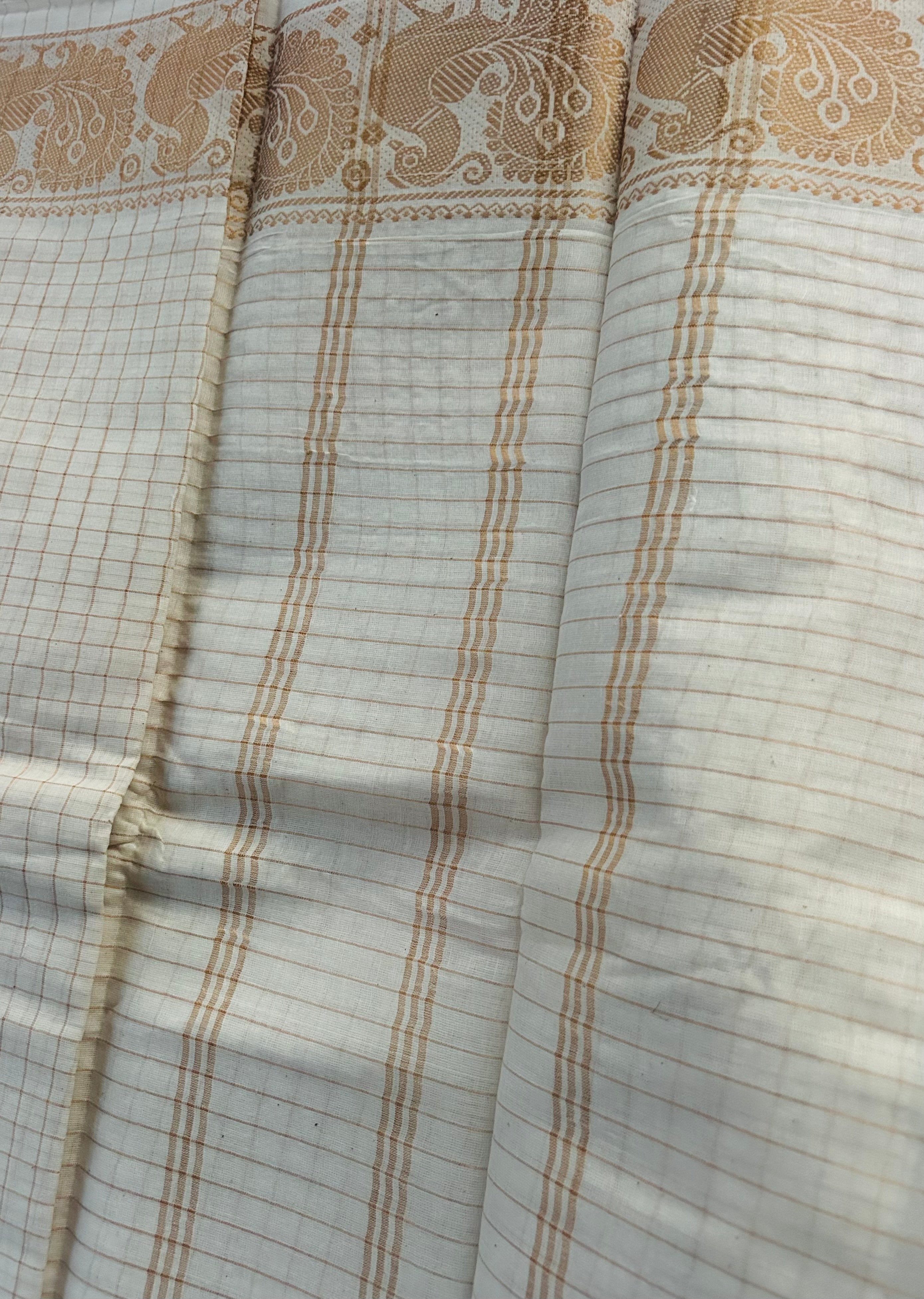 Cream Sungudi Cotton Saree with Gold Peacock Border | Kerala Kasavu Style Checked Saree with Contrast Blouse | Traditional Onam Saree