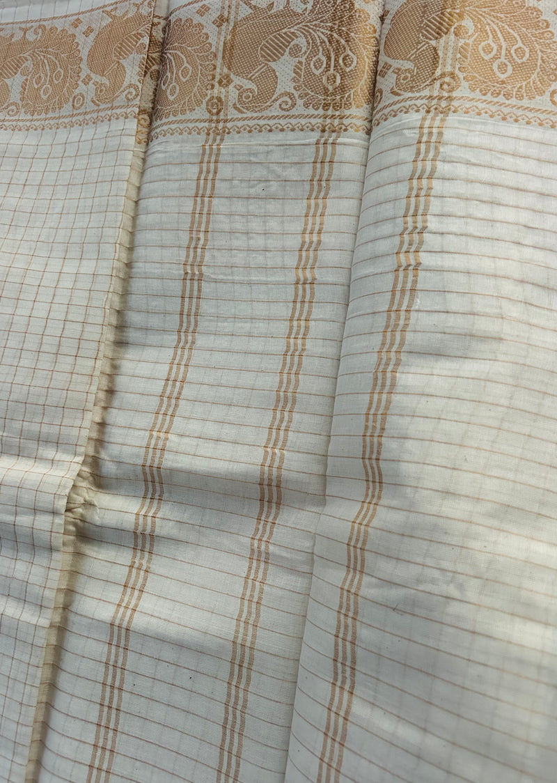 Cream Sungudi Cotton Saree with Gold Peacock Border | Kerala Kasavu Style Checked Saree with Contrast Blouse | Traditional Onam Saree