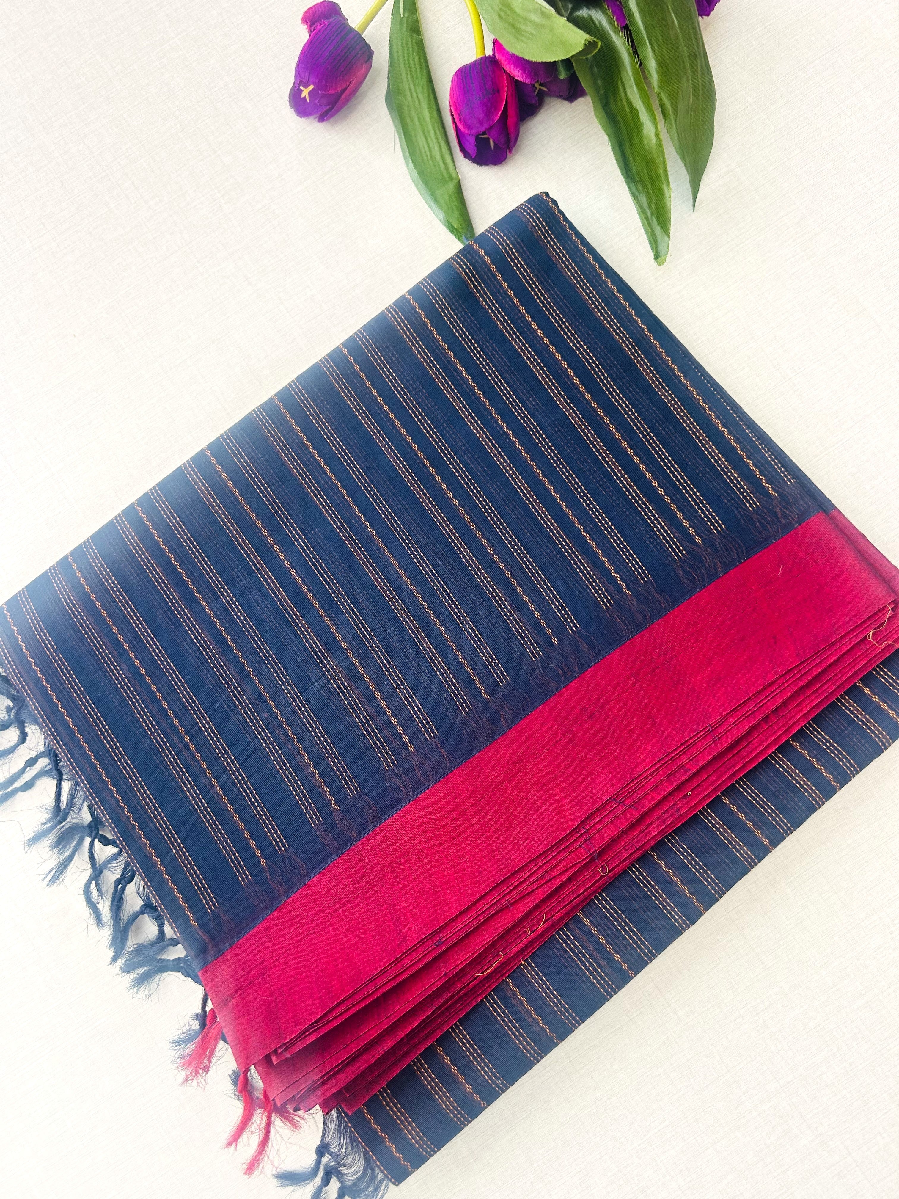 Navy Blue Self-Design Pure Cotton Saree with Pink Border and Golden Zari Pallu