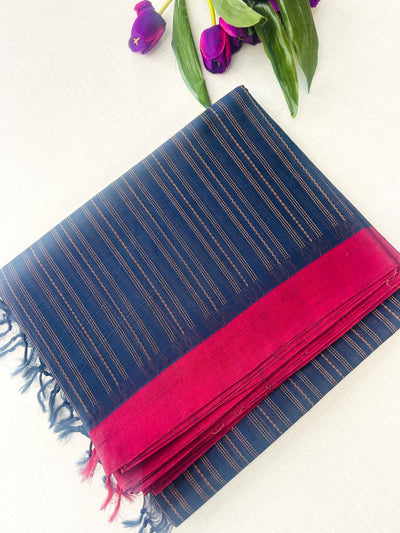 Navy Blue Self-Design Pure Cotton Saree with Pink Border and Golden Zari Pallu