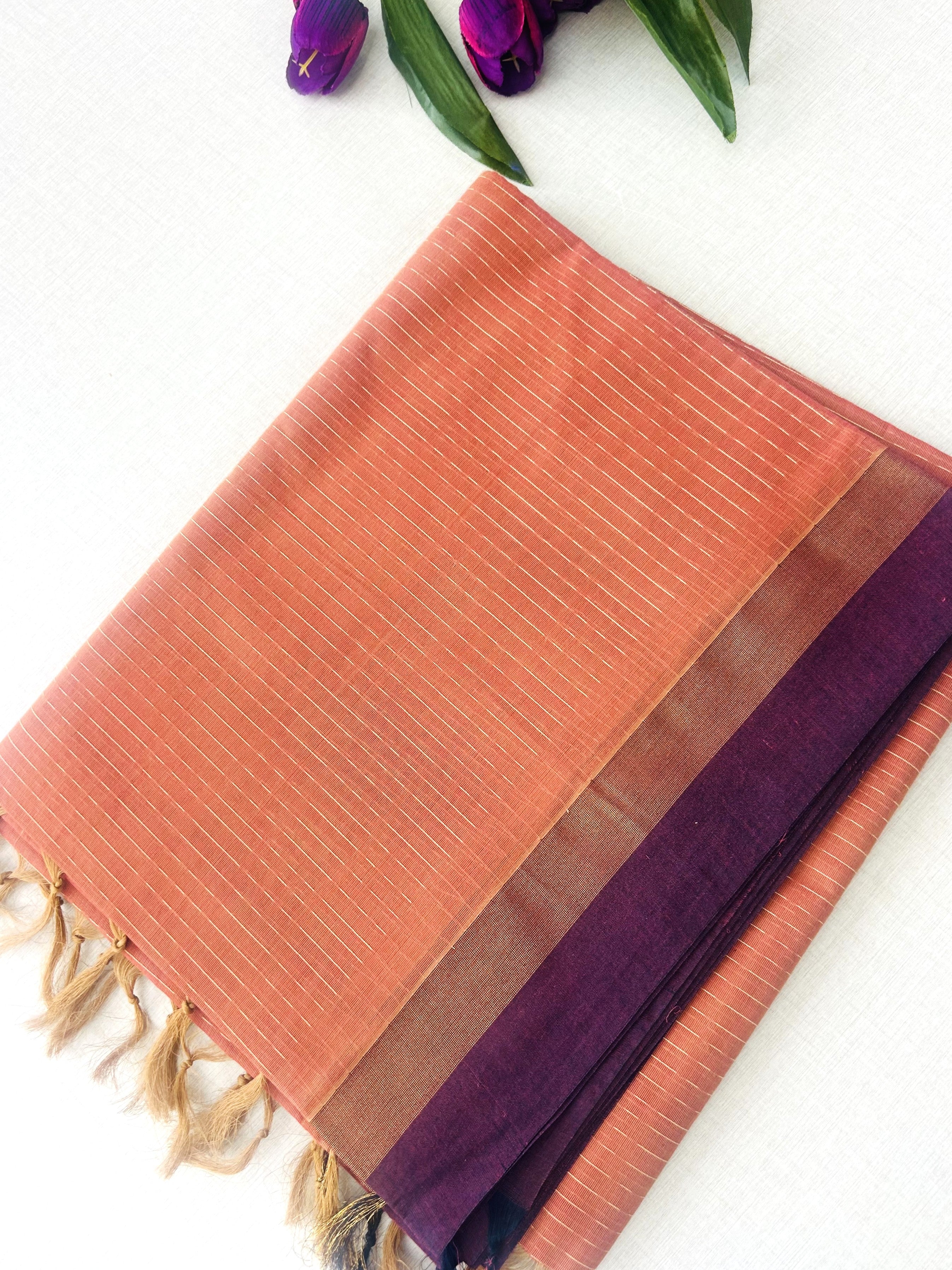 Rust Orange Self-Design Pure Cotton Saree with Purple Border