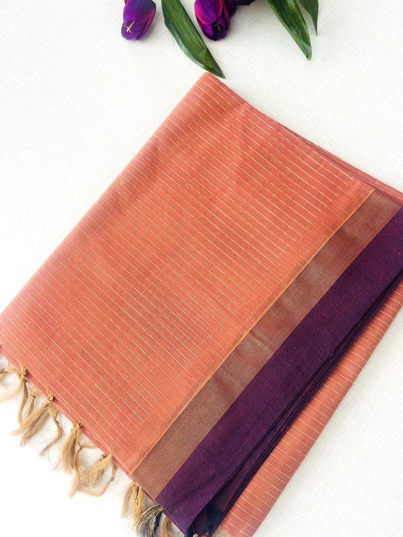 Rust Orange Self-Design Pure Cotton Saree with Purple Border