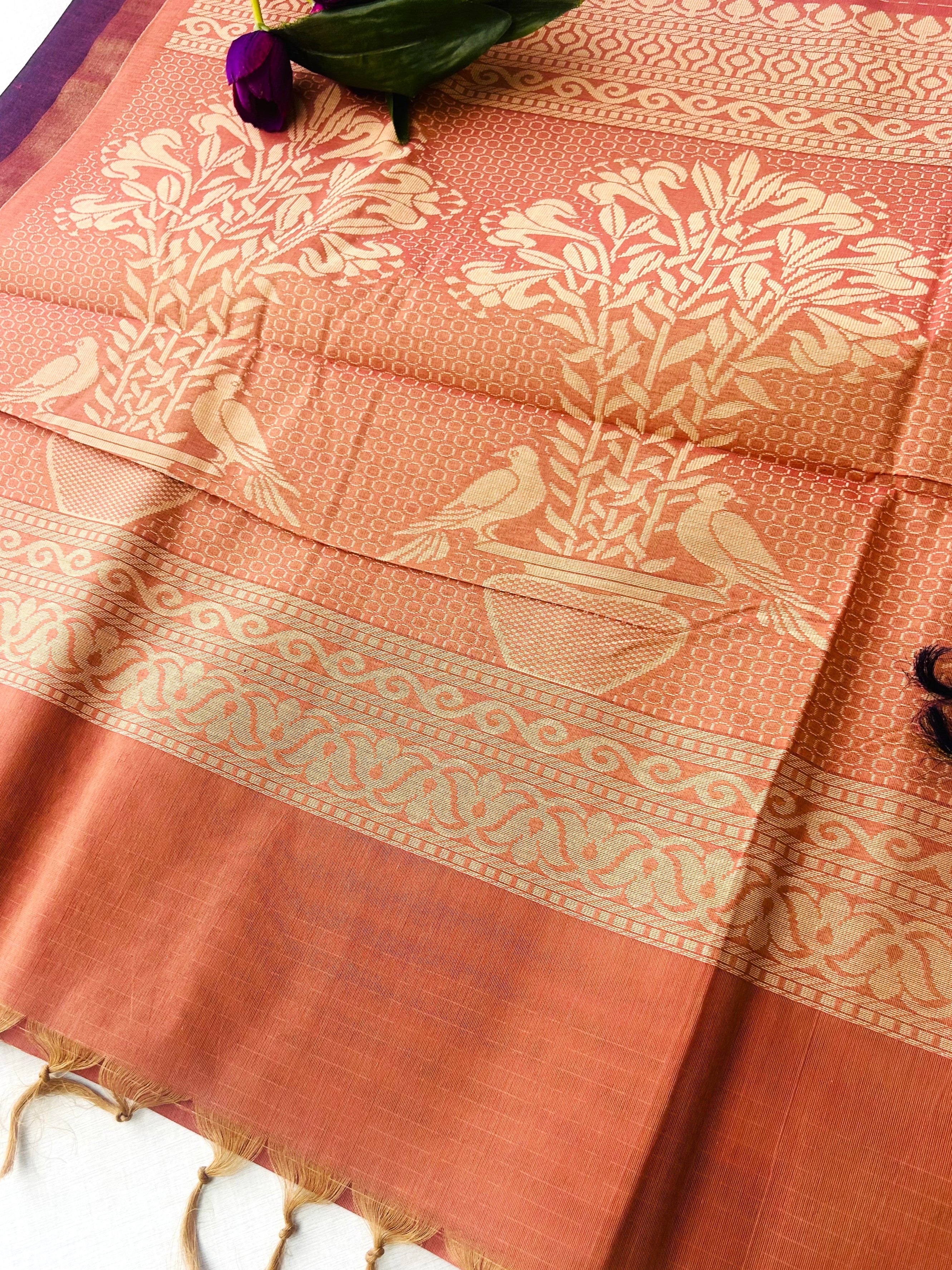 Rust Orange Self-Design Pure Cotton Saree with Purple Border