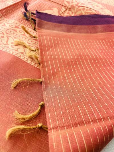Rust Orange Self-Design Pure Cotton Saree with Purple Border