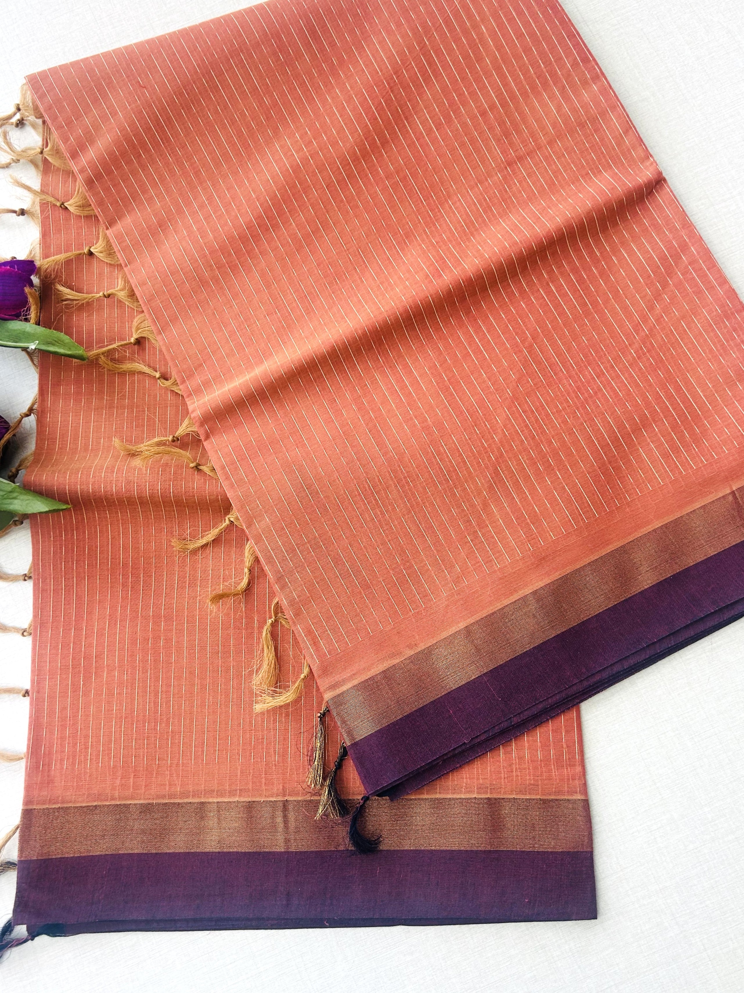 Rust Orange Self-Design Pure Cotton Saree with Purple Border