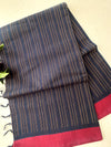 Navy Blue Self-Design Pure Cotton Saree with Pink Border and Golden Zari Pallu