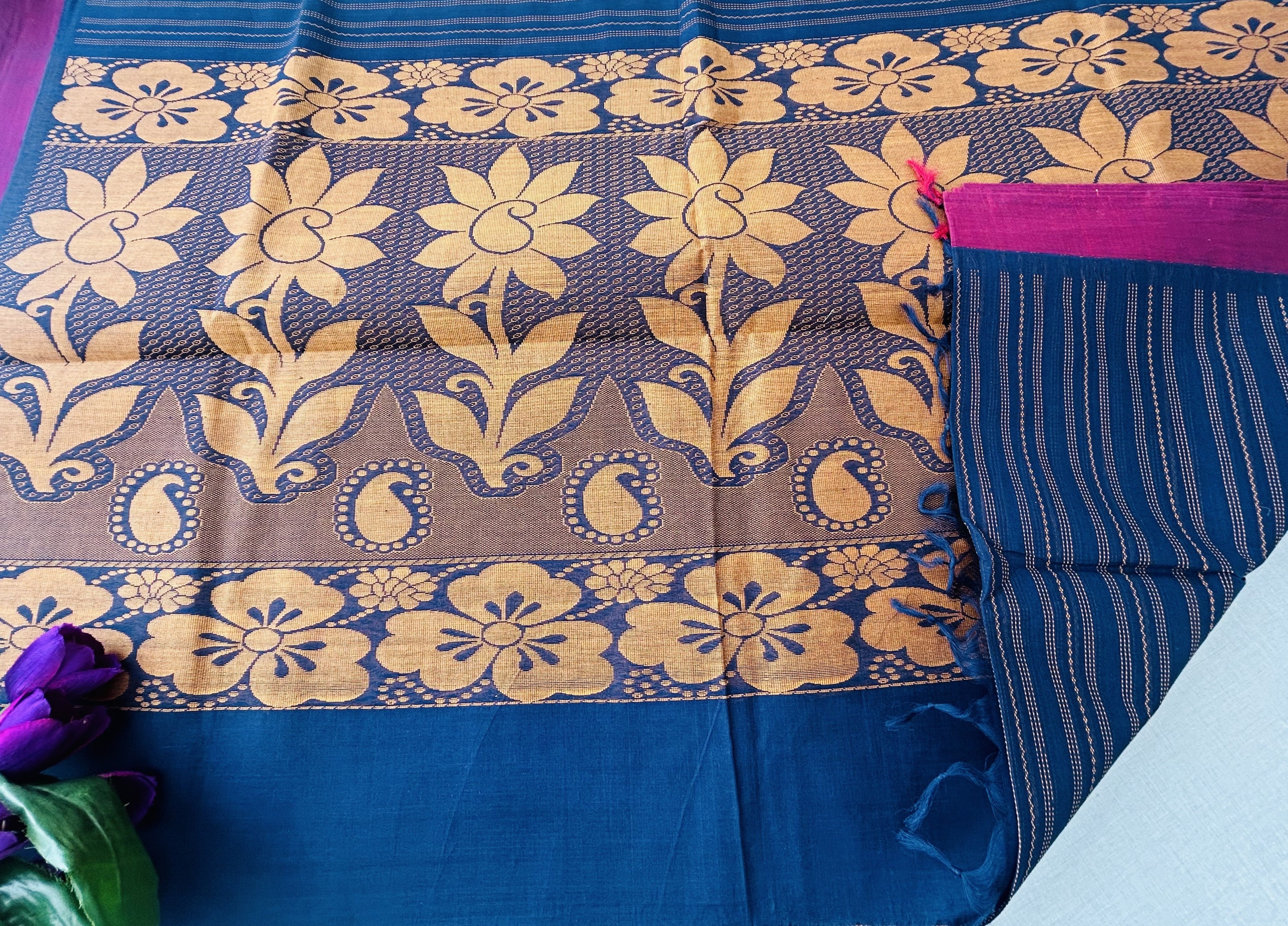 Navy Blue Self-Design Pure Cotton Saree with Pink Border and Golden Zari Pallu