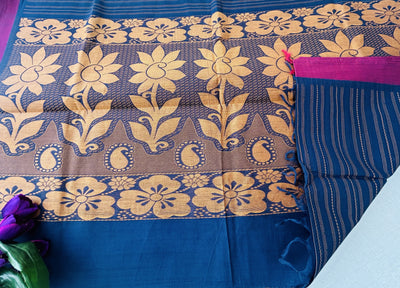 Navy Blue Self-Design Pure Cotton Saree with Pink Border and Golden Zari Pallu