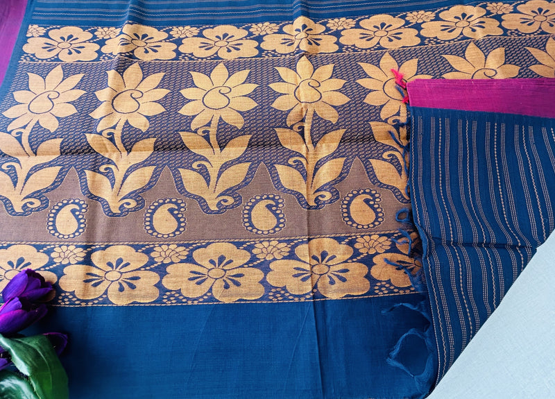 Navy Blue Self-Design Pure Cotton Saree with Pink Border and Golden Zari Pallu
