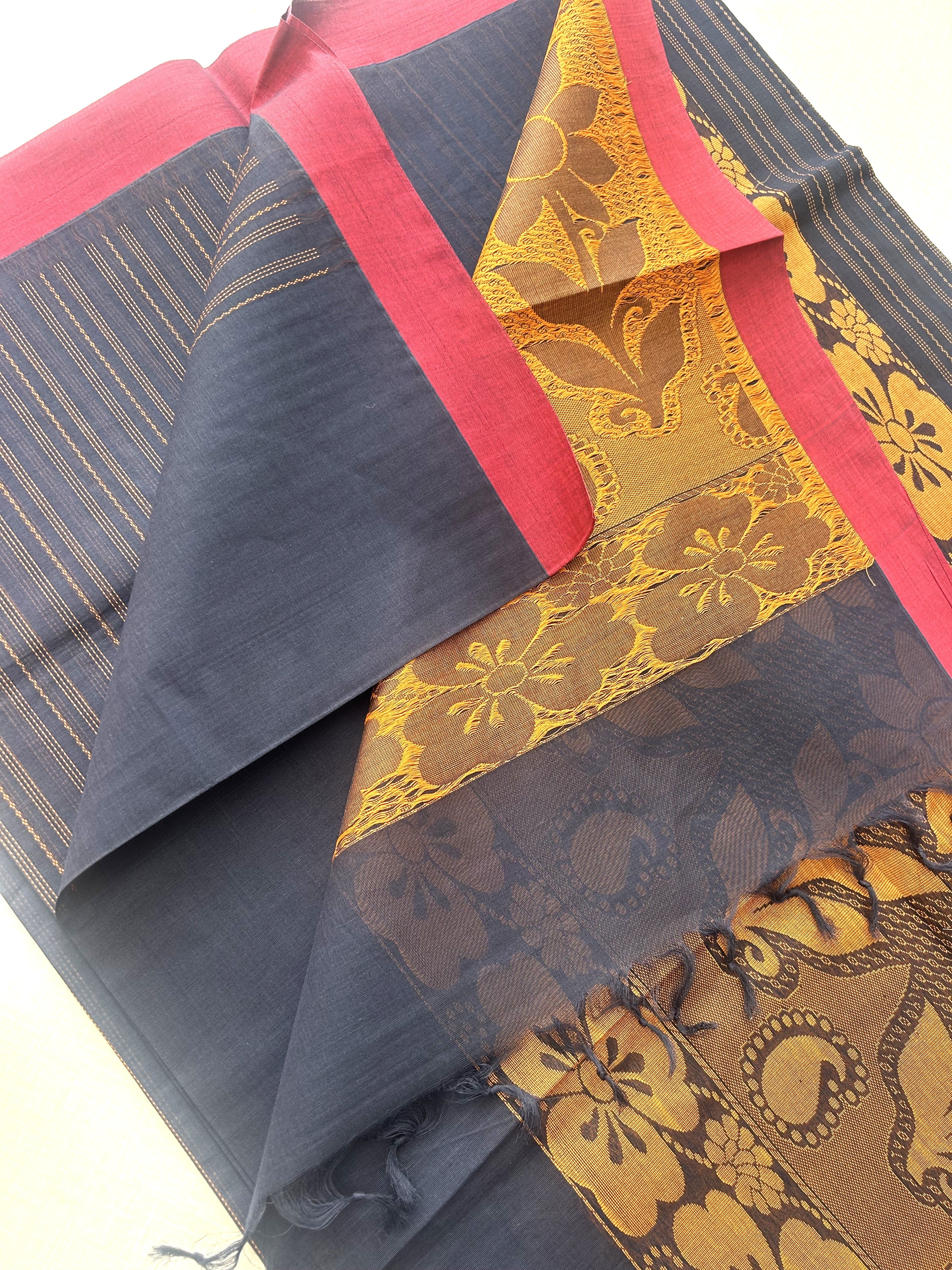 Navy Blue Self-Design Pure Cotton Saree with Pink Border and Golden Zari Pallu