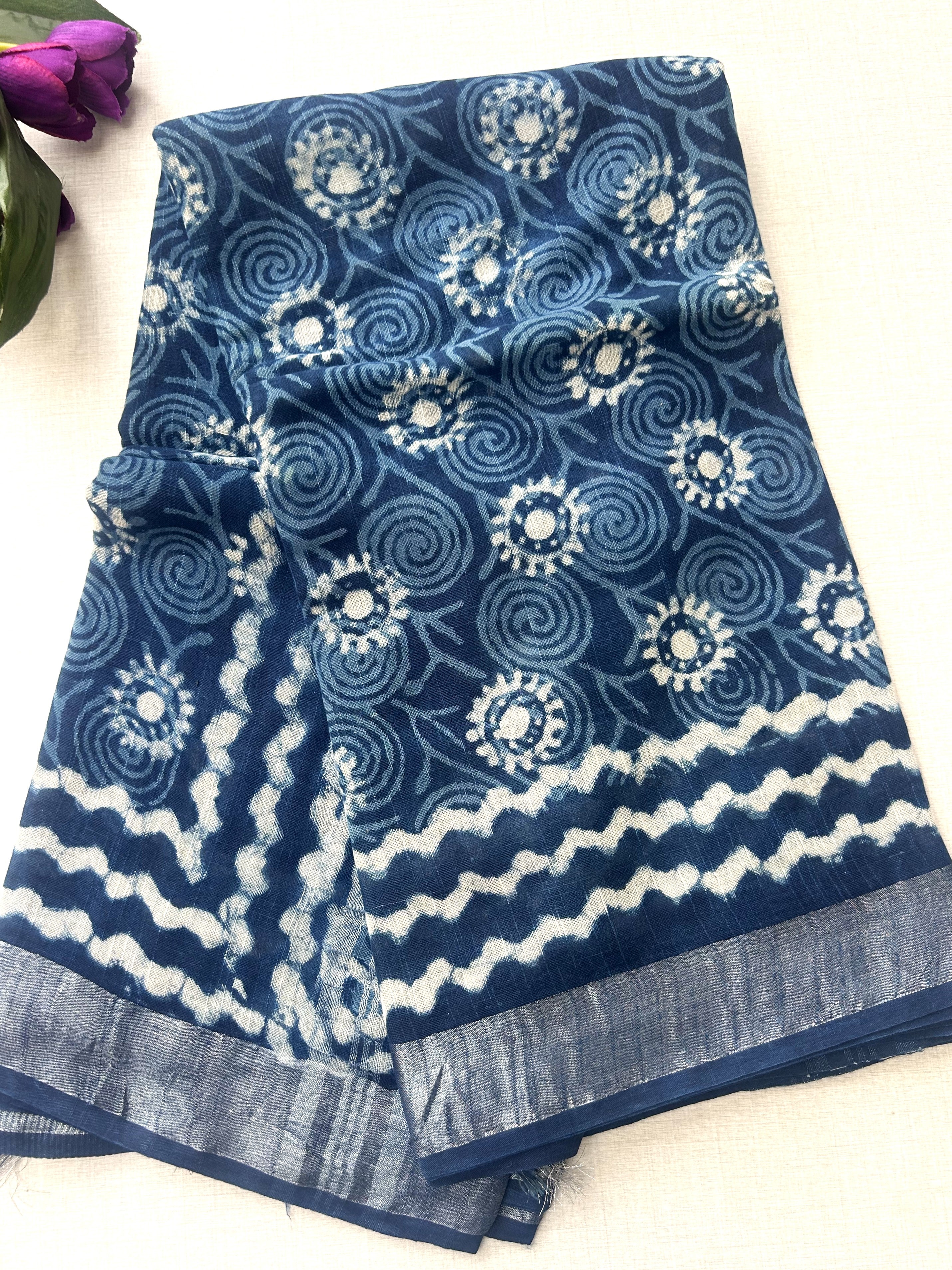 Indigo Blue Block Print Linen Saree with Spiral Motif Design |  Bagru Print Saree with Chevron Border | Silver Zari Edge Ethnic Saree