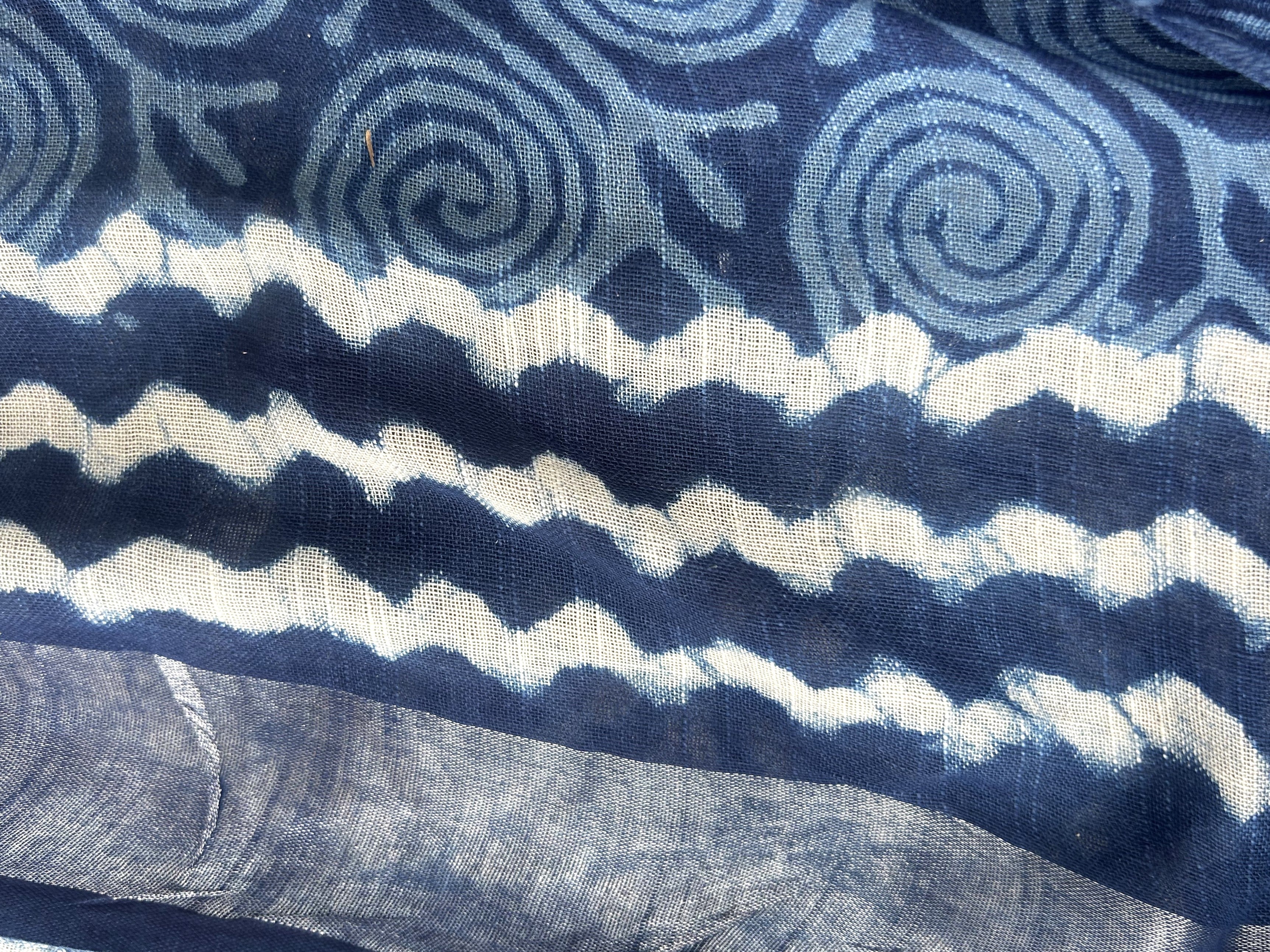 Indigo Blue Block Print Linen Saree with Spiral Motif Design |  Bagru Print Saree with Chevron Border | Silver Zari Edge Ethnic Saree