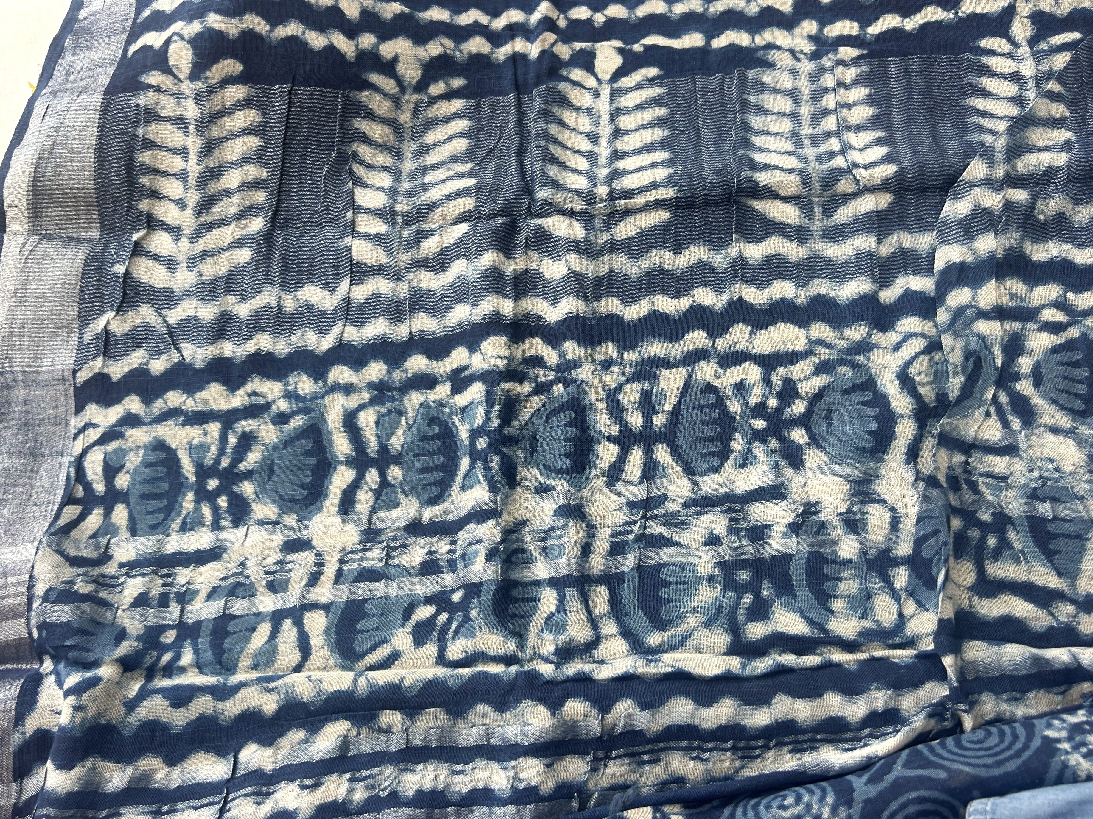 Indigo Blue Block Print Linen Saree with Spiral Motif Design |  Bagru Print Saree with Chevron Border | Silver Zari Edge Ethnic Saree
