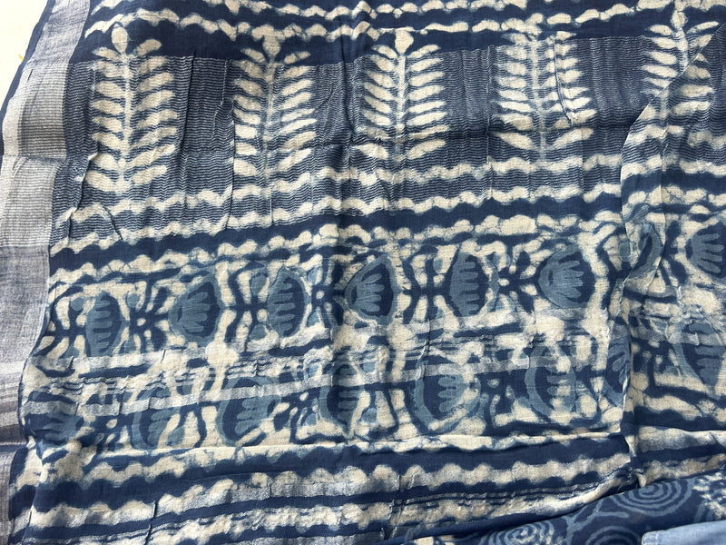 Indigo Blue Block Print Linen Saree with Spiral Motif Design |  Bagru Print Saree with Chevron Border | Silver Zari Edge Ethnic Saree