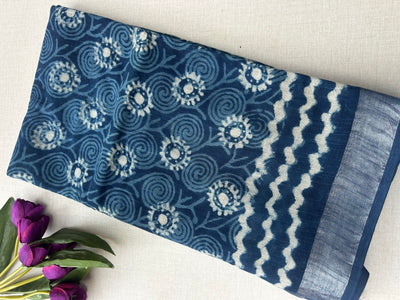 Indigo Blue Block Print Linen Saree with Spiral Motif Design |  Bagru Print Saree with Chevron Border | Silver Zari Edge Ethnic Saree