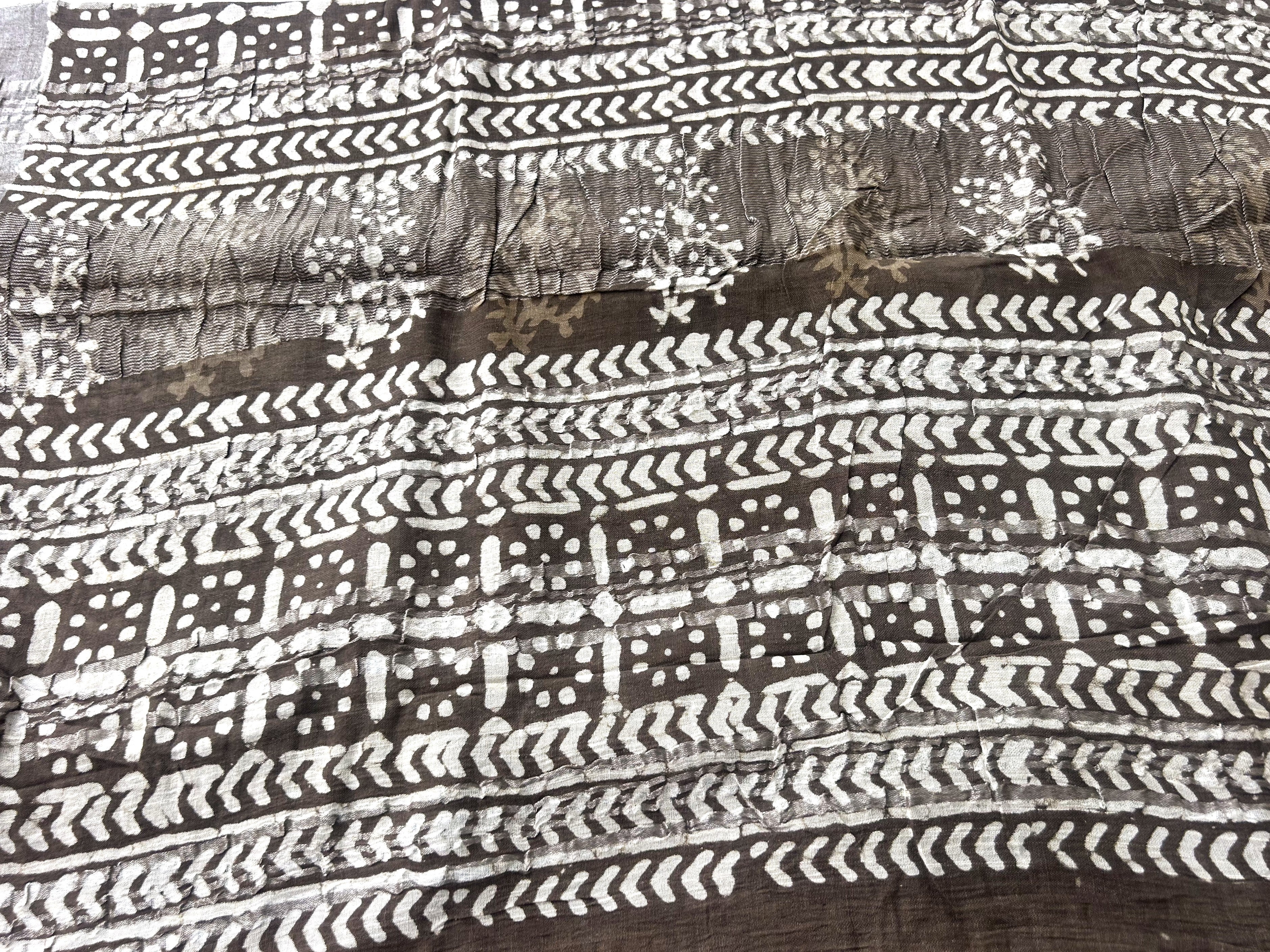 Brown Block Print Linen Saree with Tribal Motif Design |  Bagru Print Saree with Chevron Border | Everyday Ethnic Linen Saree
