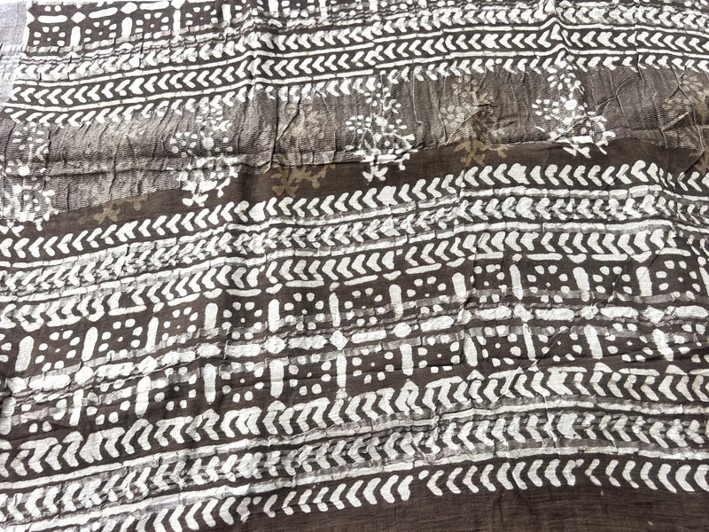 Brown Block Print Linen Saree with Tribal Motif Design |  Bagru Print Saree with Chevron Border | Everyday Ethnic Linen Saree